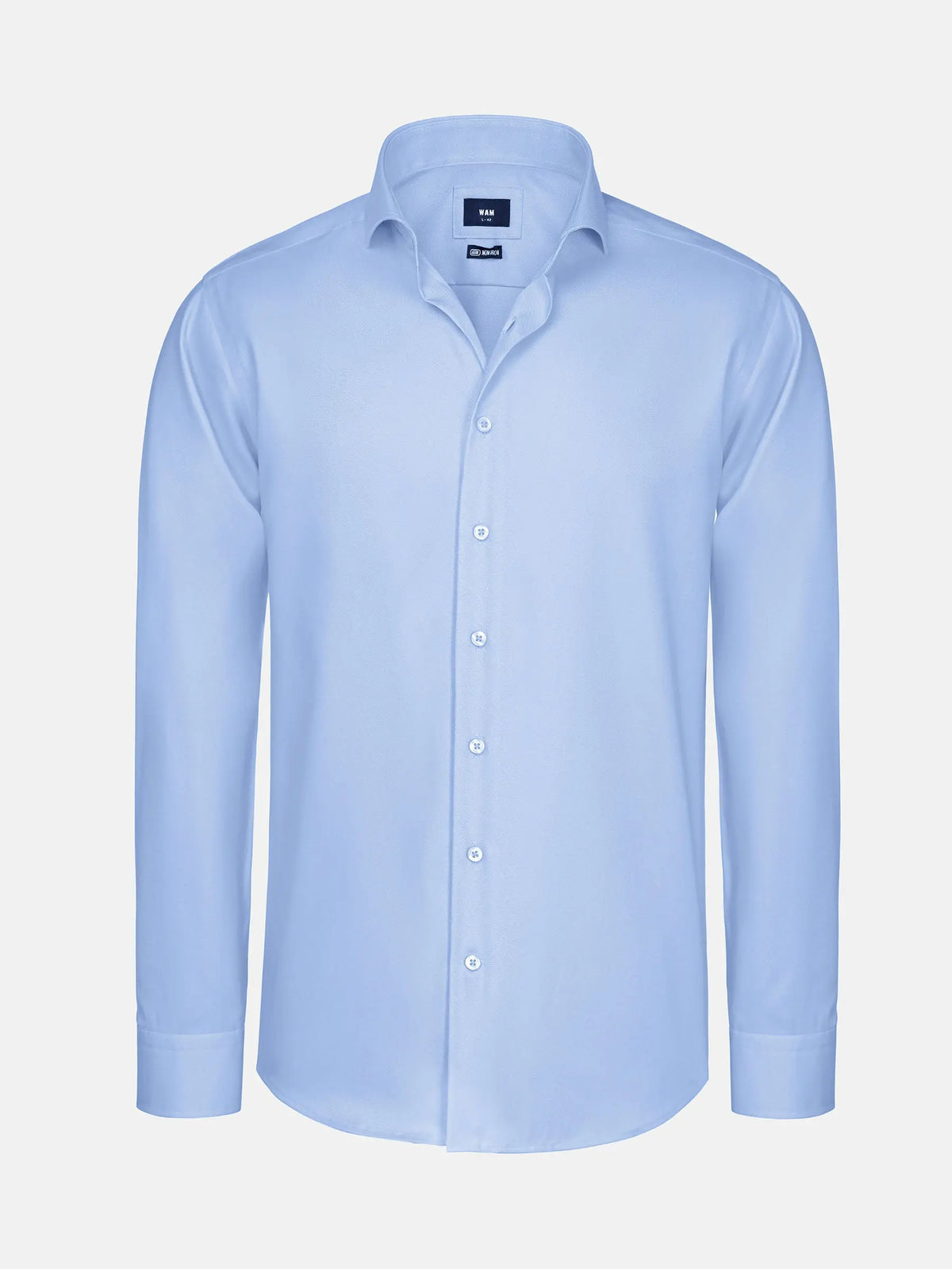 Light blue textured long-sleeve men’s dress shirt with button closure and classic collar – Wam Denim.