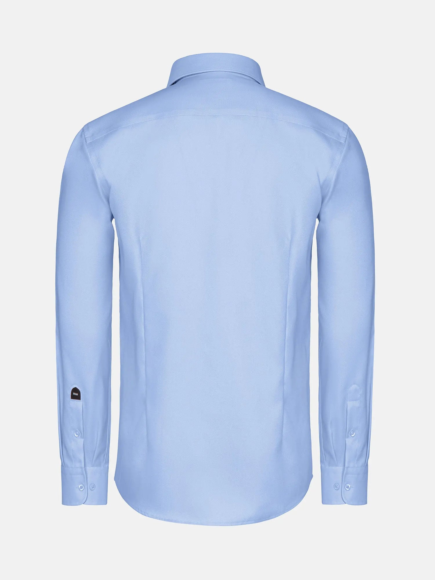 Back view of light blue textured men’s dress shirt with long sleeves and classic collar – Wam Denim.
