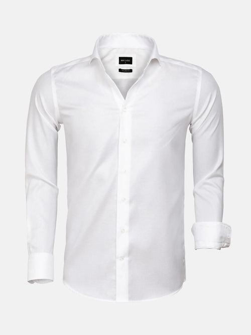 Close-up of crisp white Burgos Cotton Shirt collar. – Wam Denim.