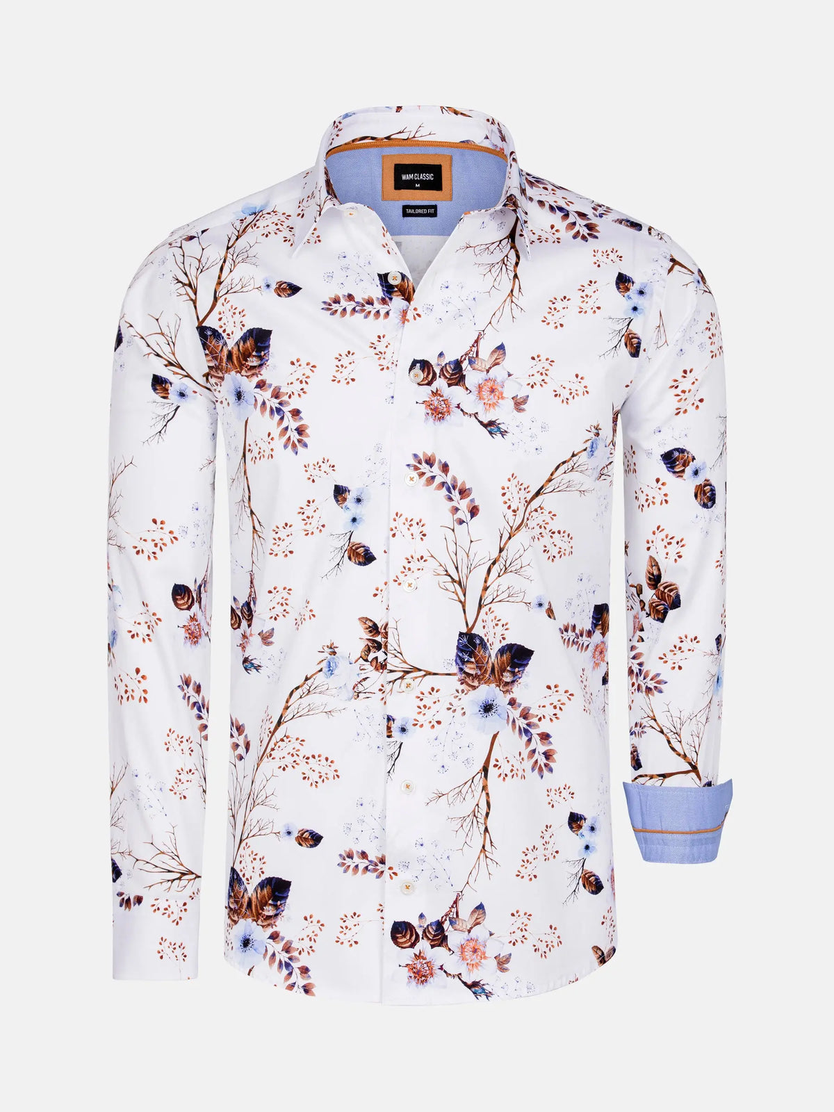 Floral patterned shirt with a brand label on a white background