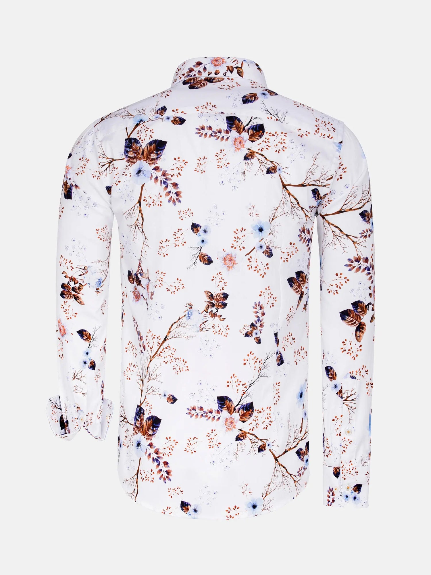 White shirt with butterfly and floral pattern on a white background