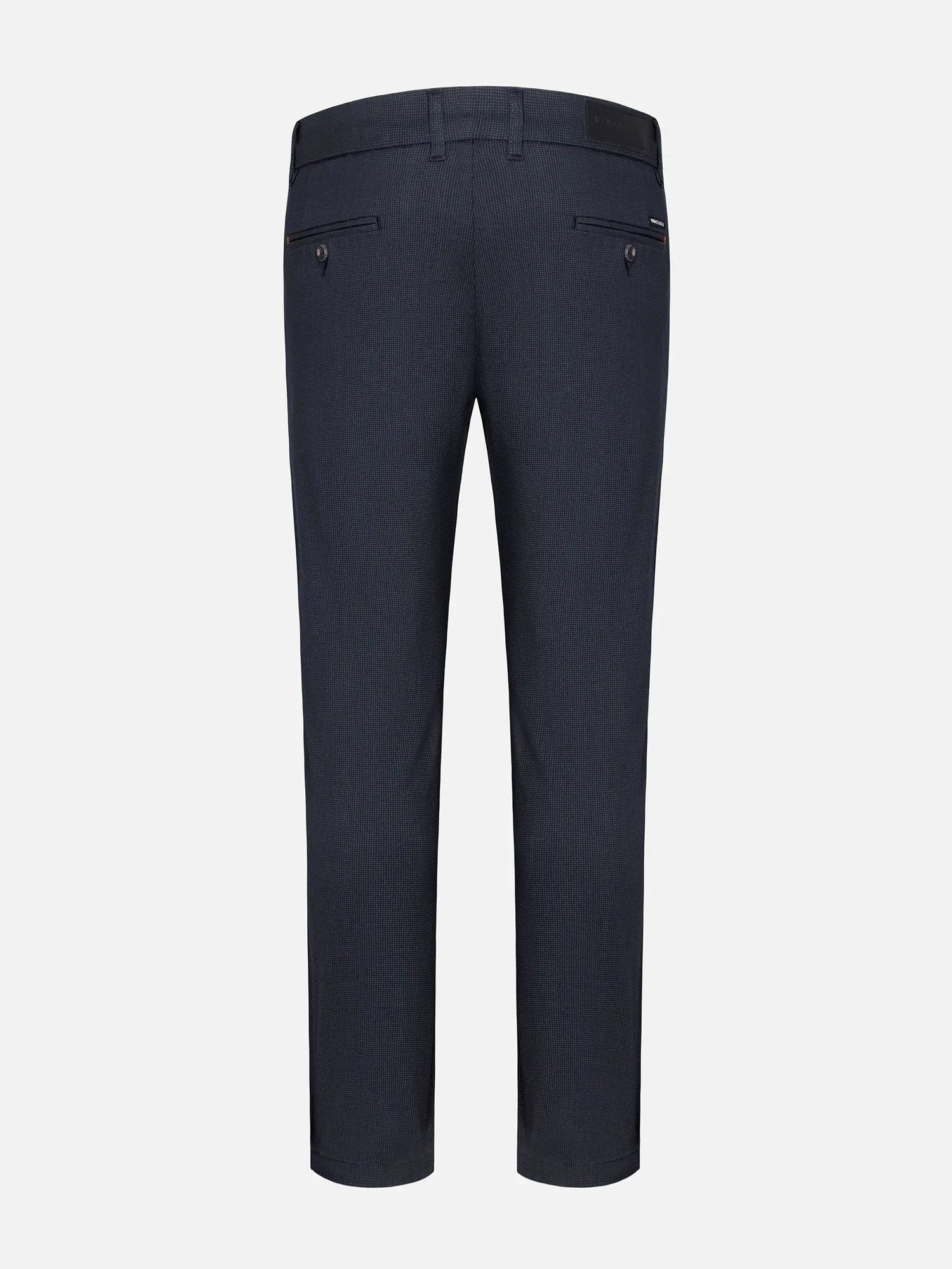 Back view of navy slim-fit chinos with buttoned welt pockets and belt loops – Wam Denim.