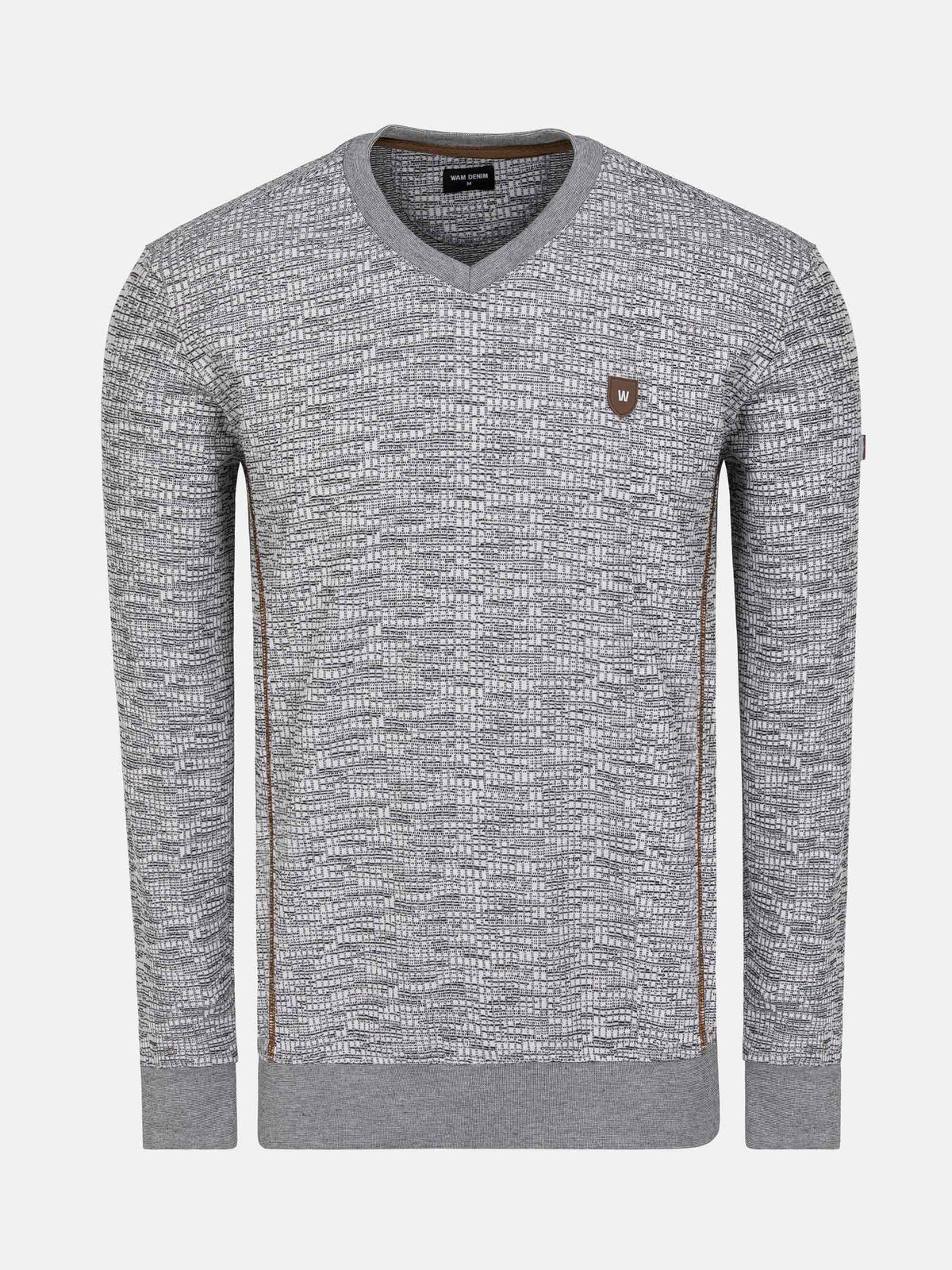 Grey textured men's V-neck sweater with brown side stripes – Wam Denim.