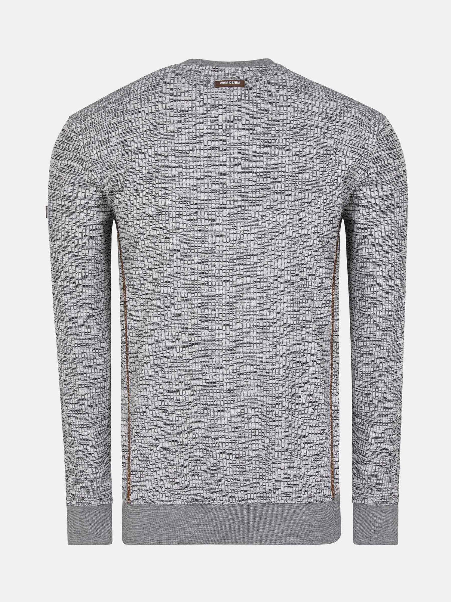 Back view of a grey textured V-neck sweater with brown side stripes – Wam Denim.