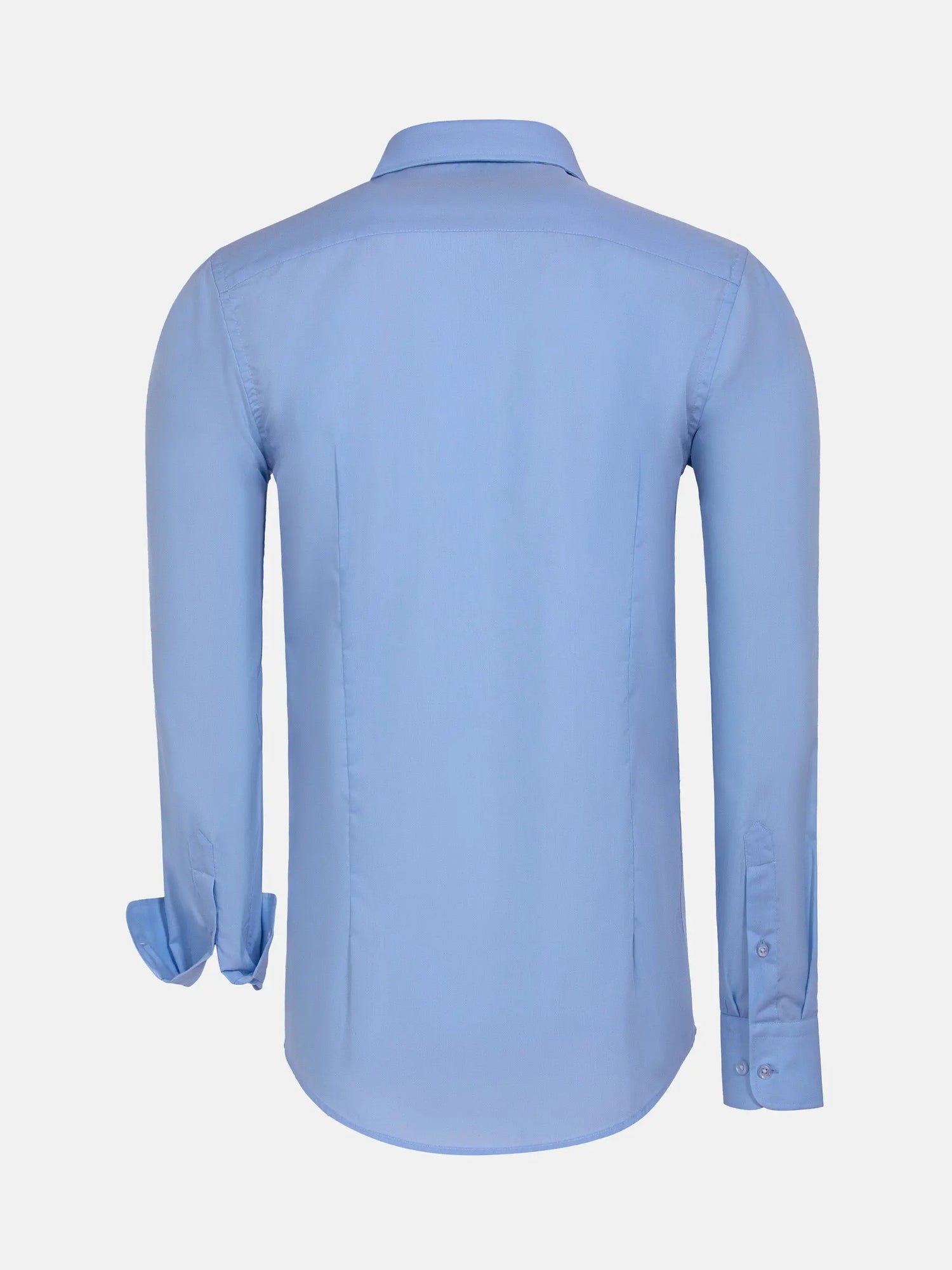Back view of light blue men’s dress shirt with long sleeves and classic collar – Wam Denim.