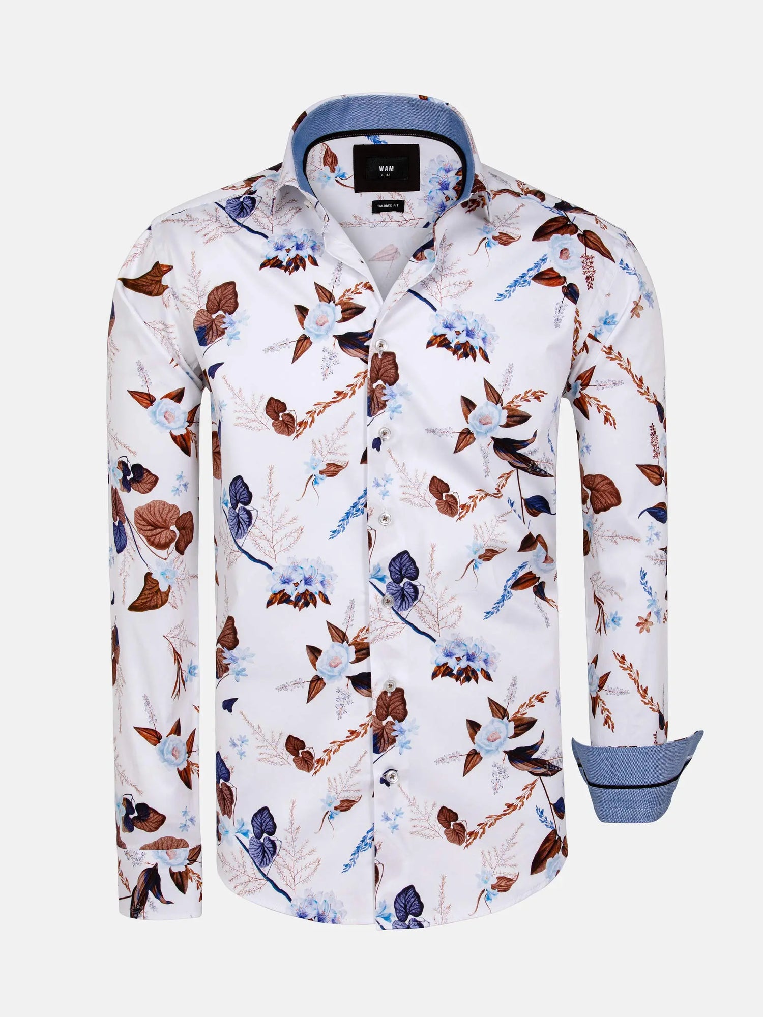 White floral long-sleeve shirt with blue and brown prints – Wam Denim.