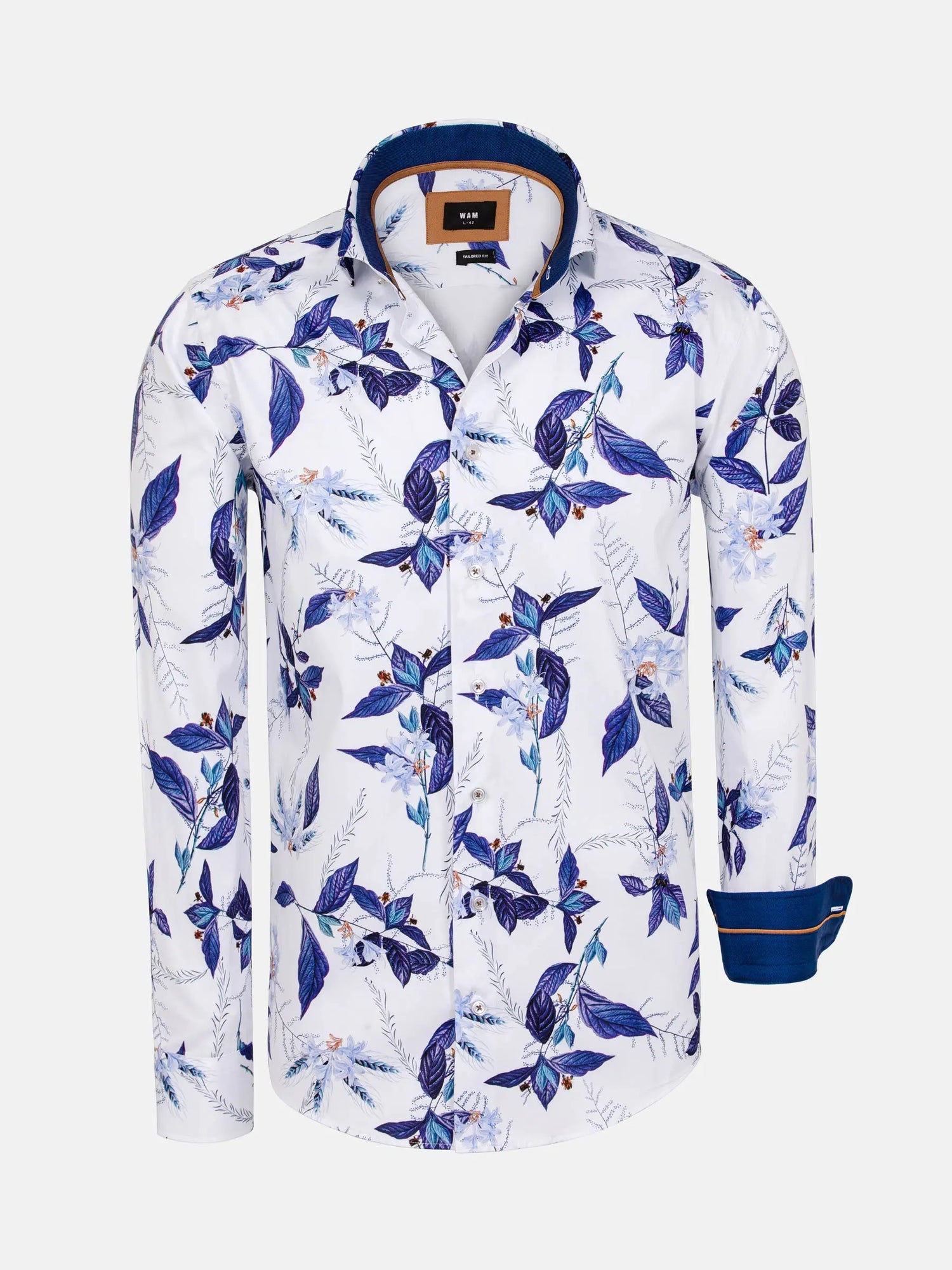 White long-sleeve floral print shirt with blue leaf design and contrast collar – Wam Denim.