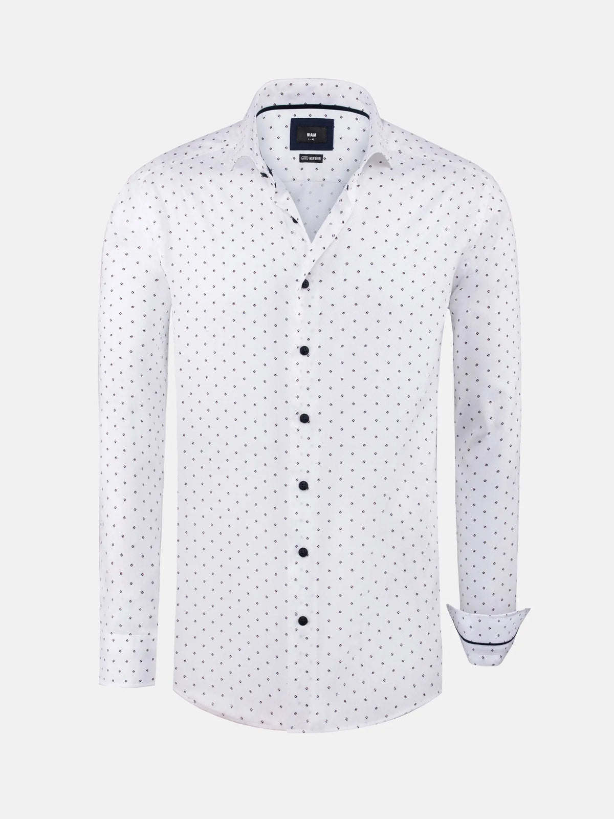 White long sleeve shirt with small navy dot pattern and dark buttons – Wam Denim.