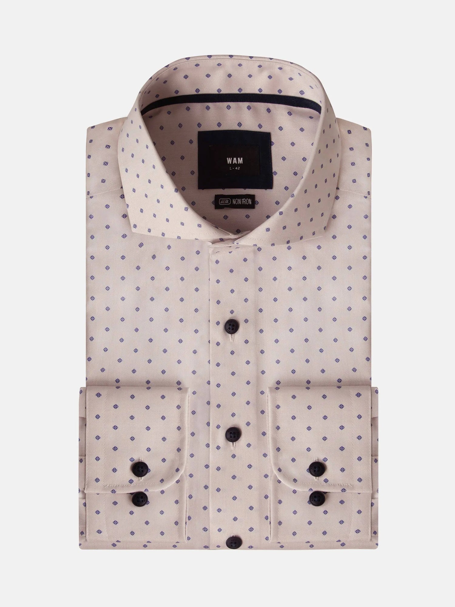 Beige dress shirt with purple dot pattern, non-iron fabric. – Wam Denim.