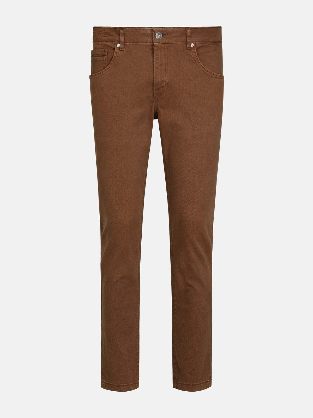 Full view of brown slim-fit jeans, stylish casual wear. – Wam Denim.
