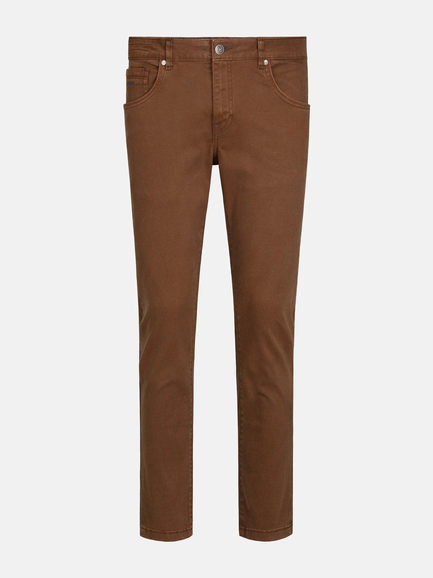 Full view of brown slim-fit jeans, stylish casual wear. – Wam Denim.