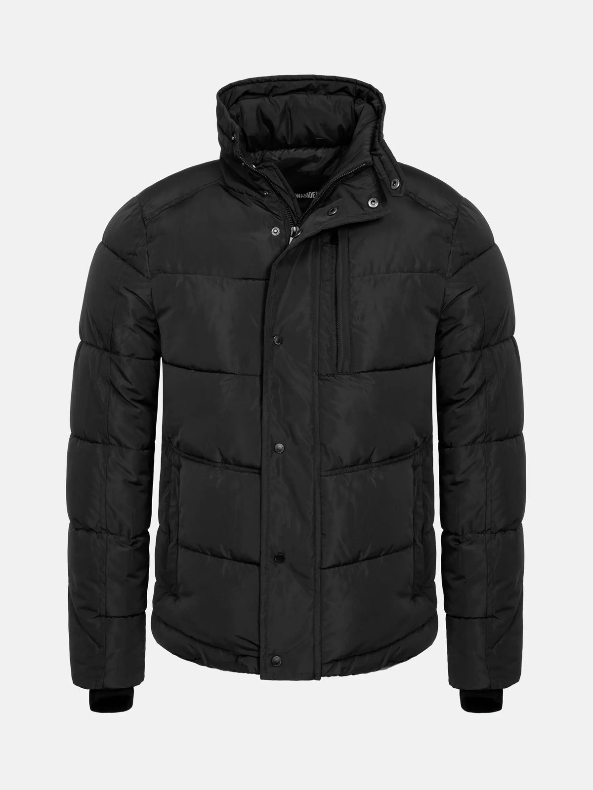 Front view of a black men's puffer jacket with a high collar – Wam Denim.