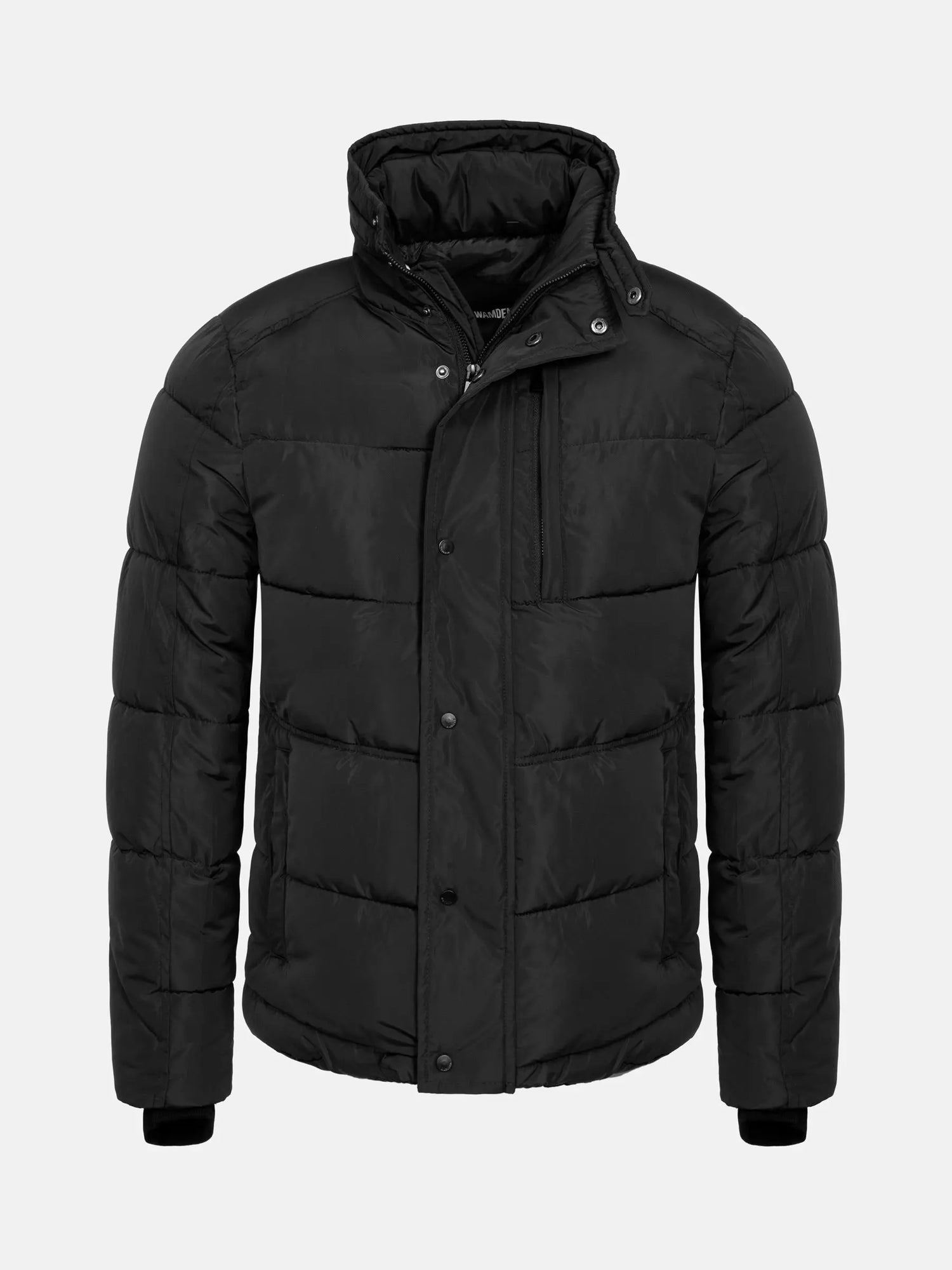 Front view of a black men's puffer jacket with a high collar – Wam Denim.