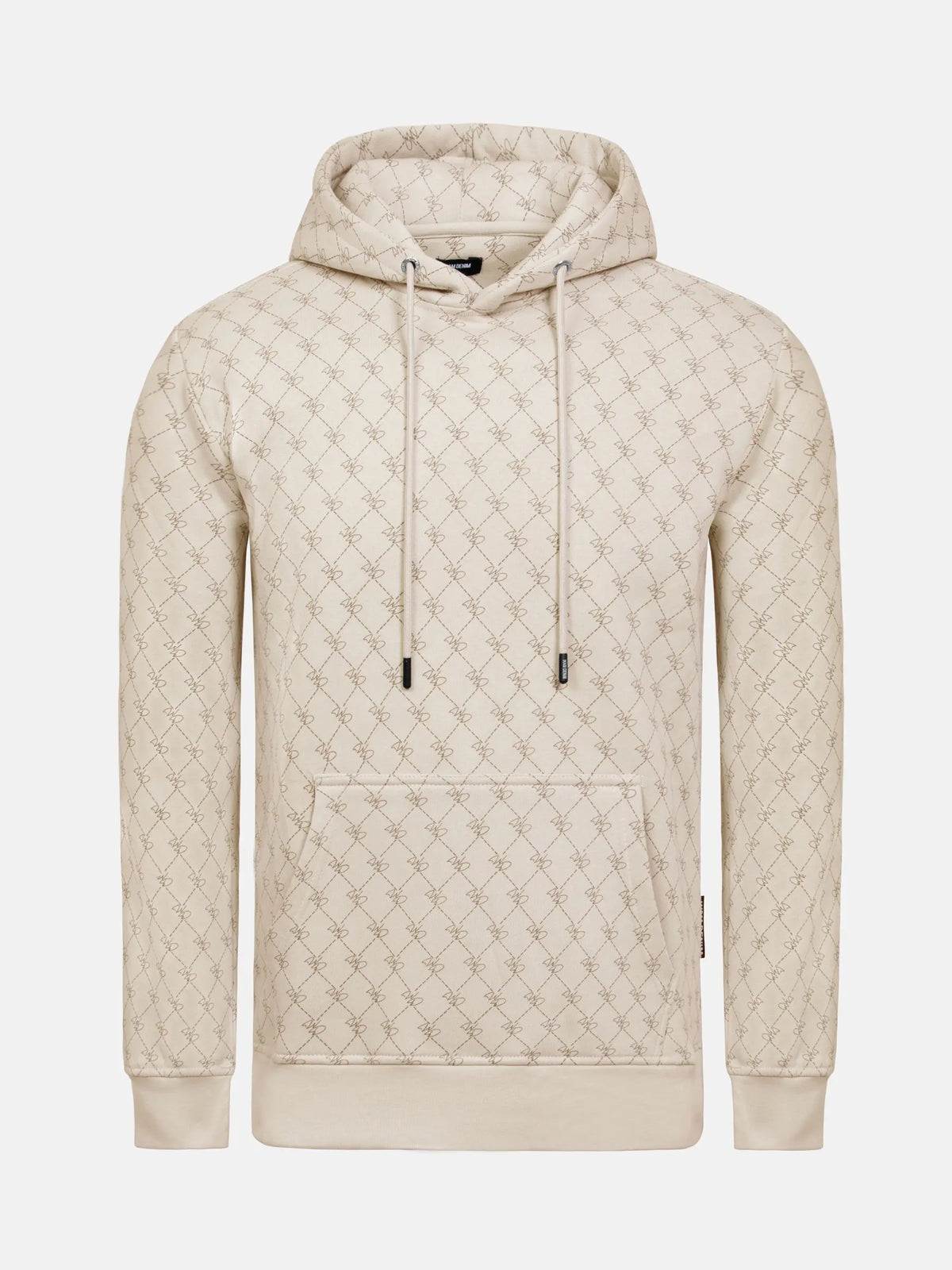 Beige patterned hoodie with drawstrings and front pocket, featuring geometric design.