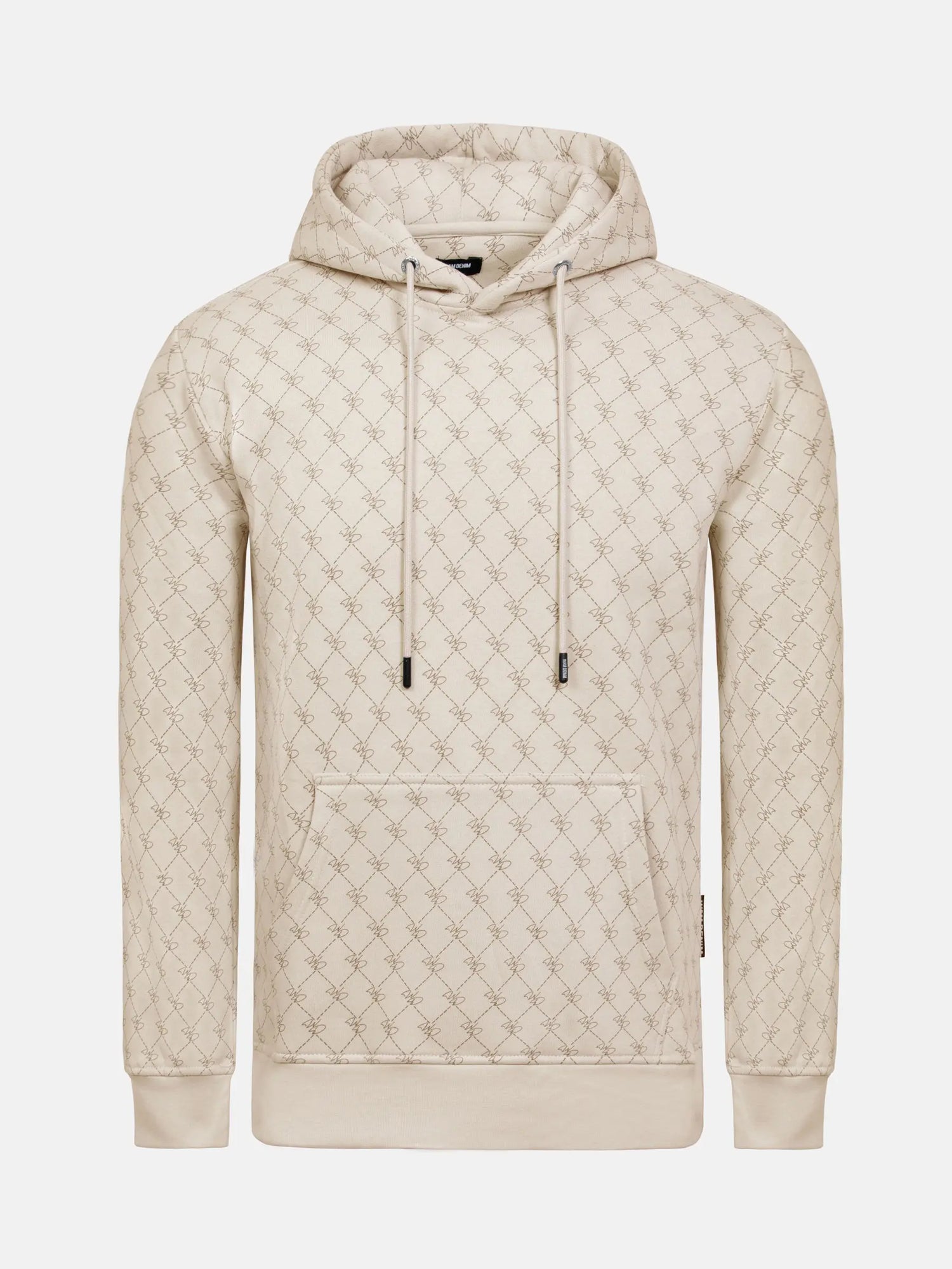 Beige patterned hoodie with drawstrings and front pocket, featuring geometric design.