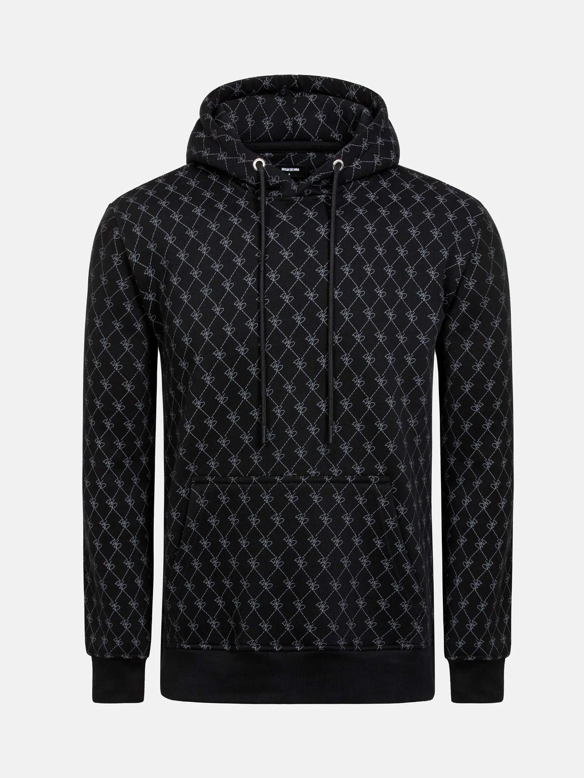 Black patterned hoodie with drawstrings and front pocket, featuring geometric design – Wam Denim.