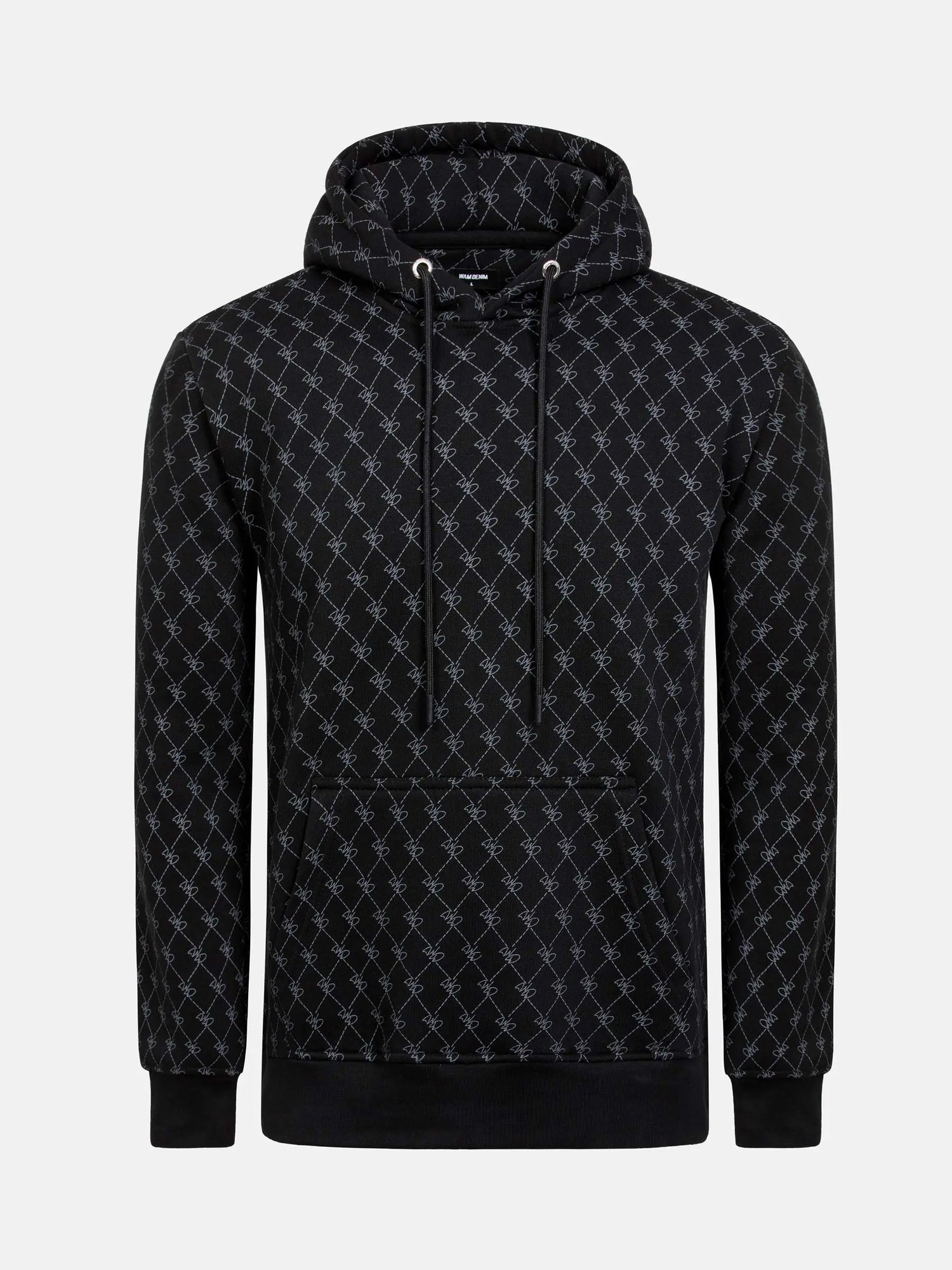 Black patterned hoodie with drawstrings and front pocket, featuring geometric design – Wam Denim.