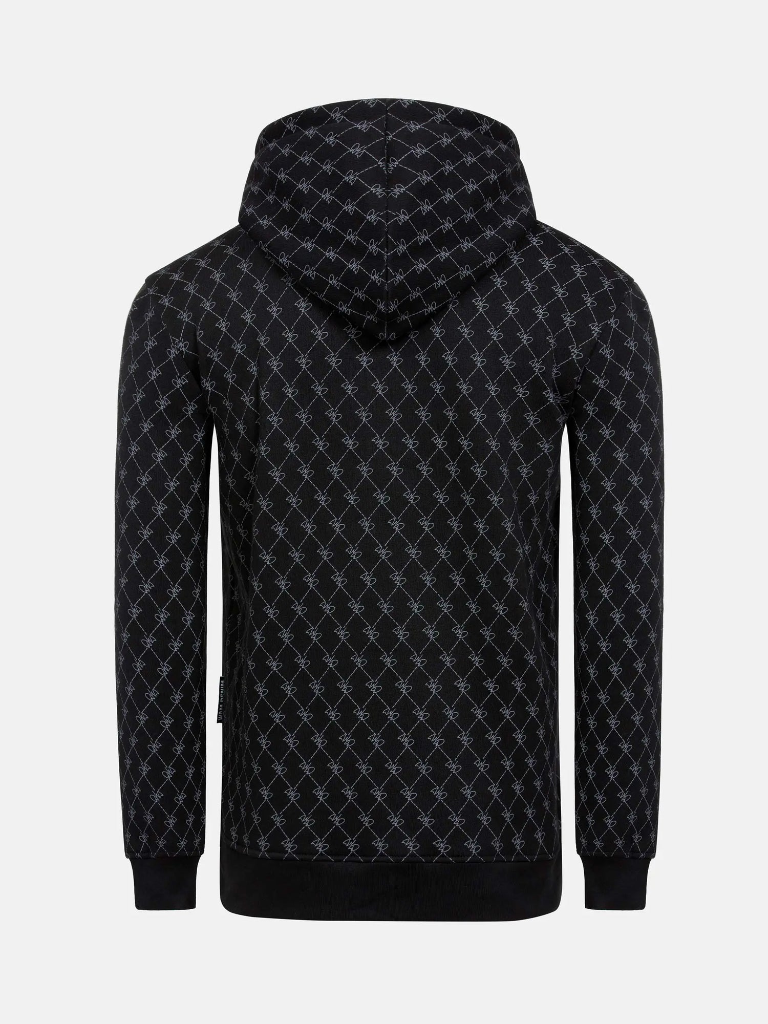 Back view of black patterned hoodie with geometric print and ribbed hem – Wam Denim.