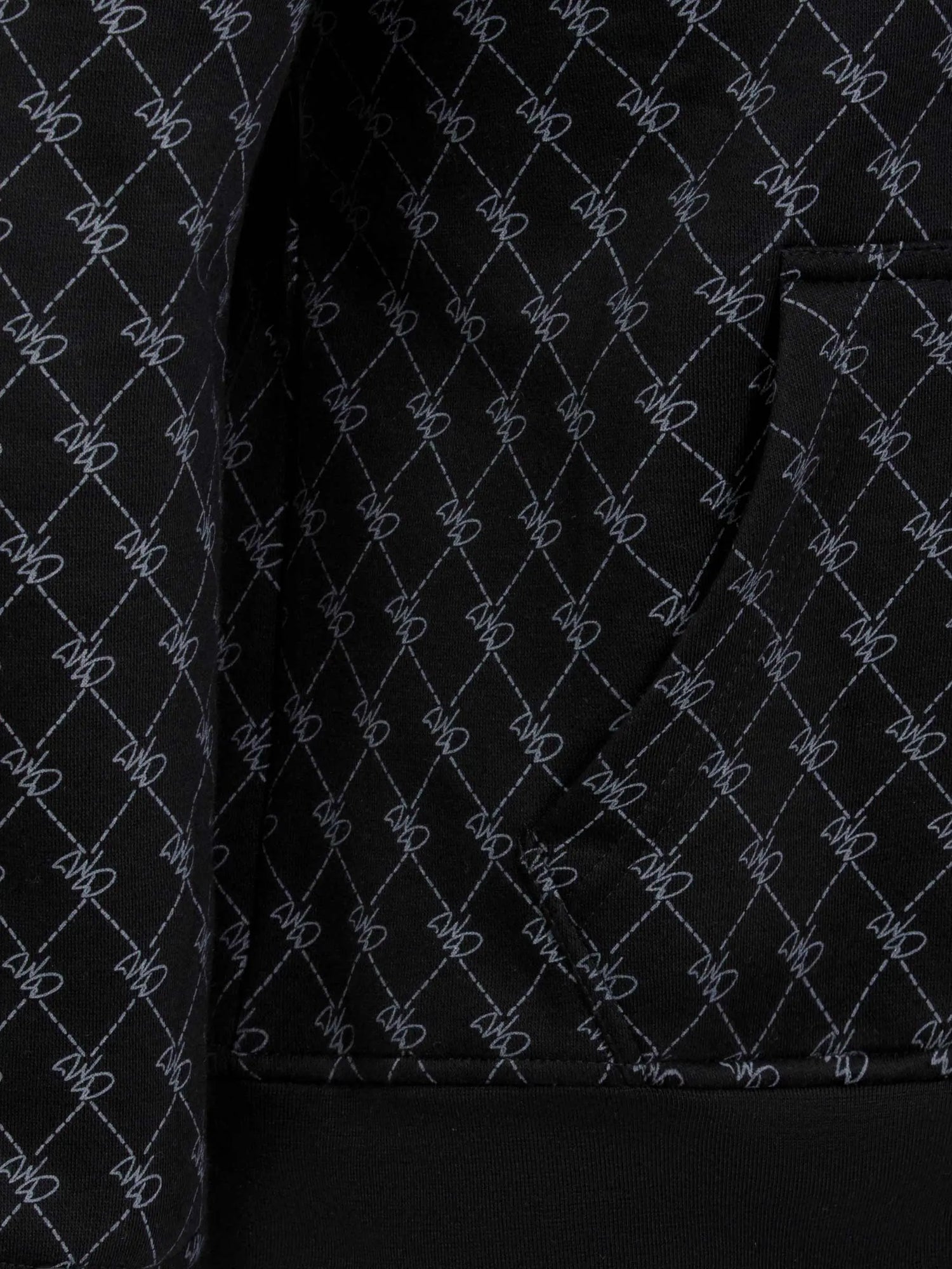 Close-up of black patterned hoodie pocket with stitched geometric design and ribbed hem – Wam Denim.