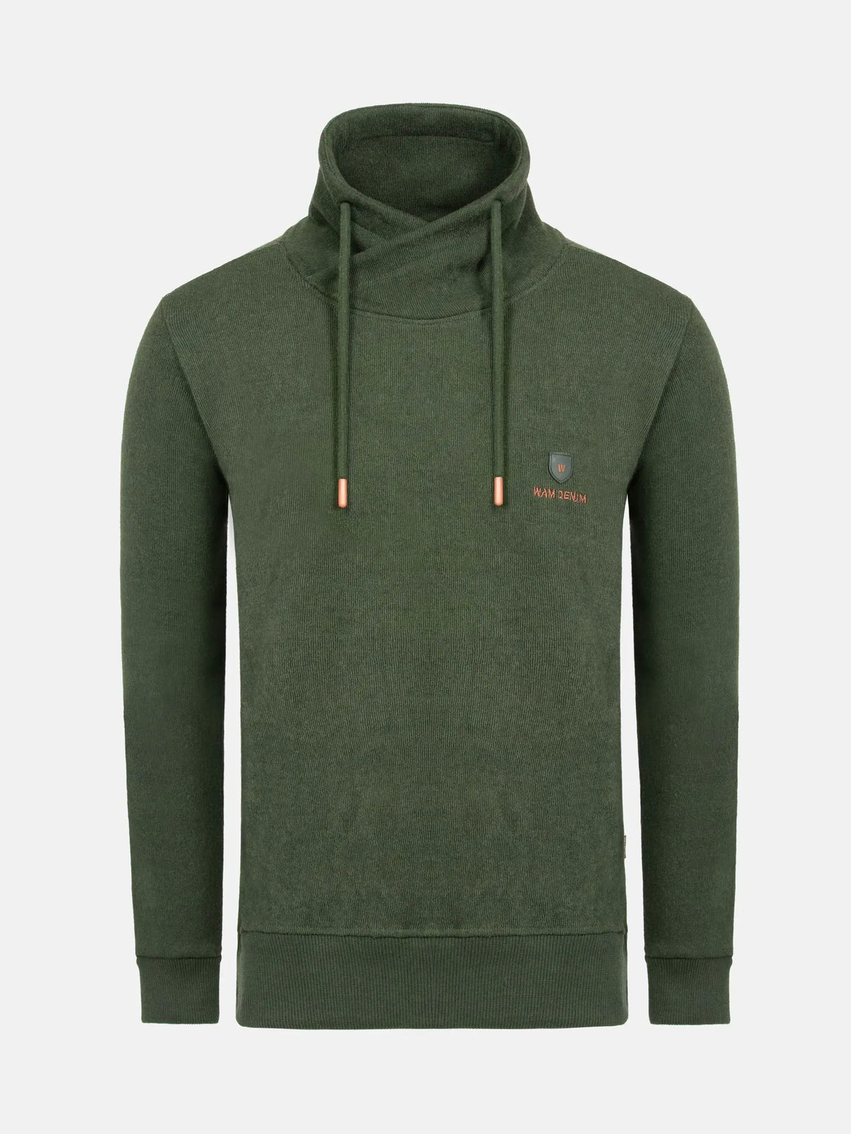 Khaki hoodie with a brand logo on a light gray background