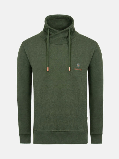 Khaki hoodie with a brand logo on a light gray background