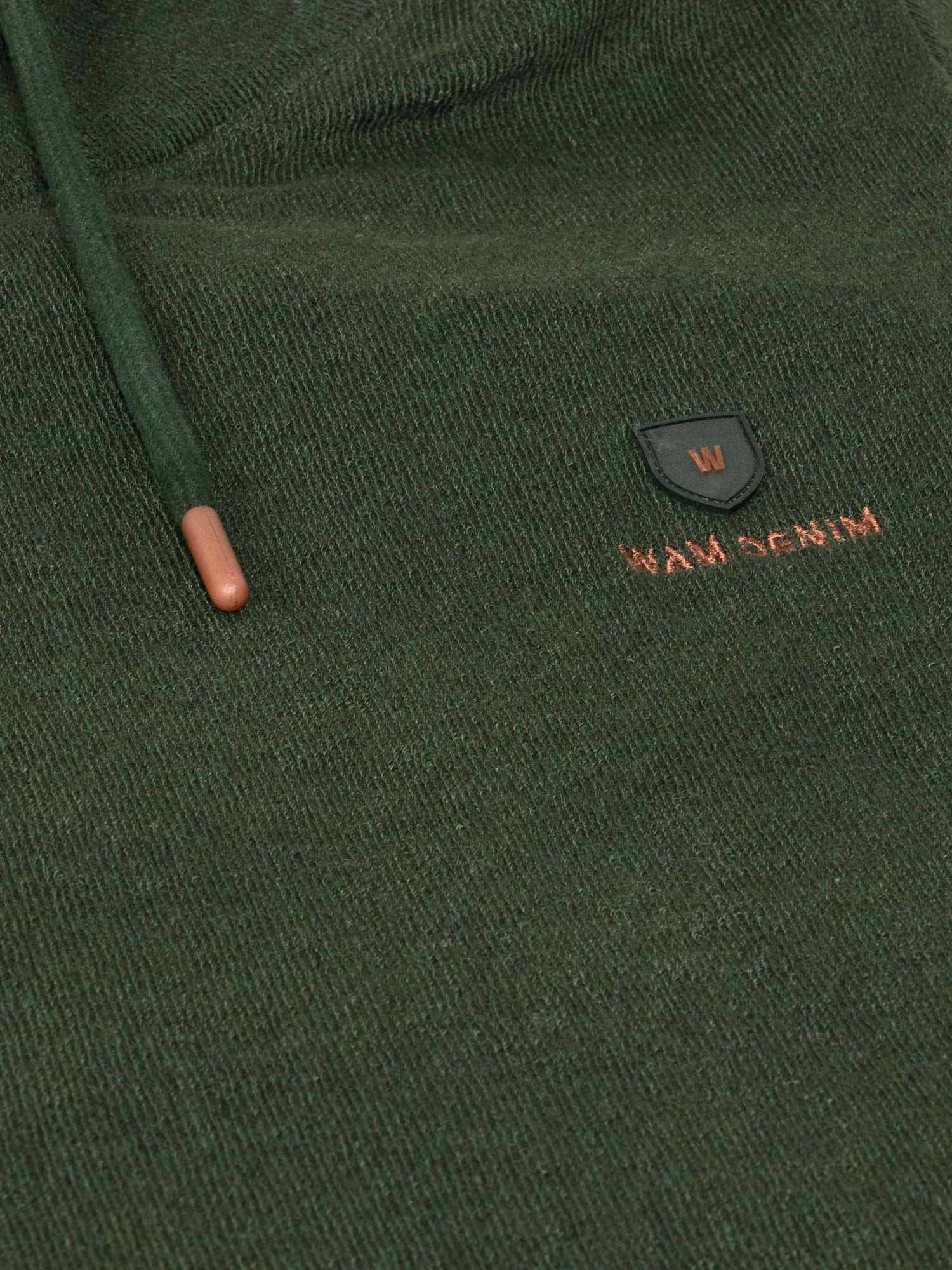 Khaki hoodie with a brand logo on the chest