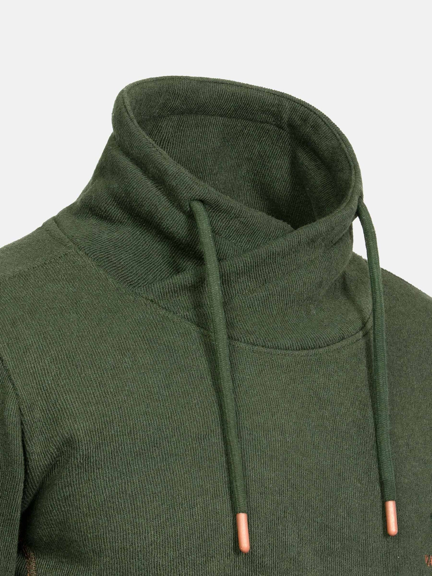 Khaki hoodie with a high collar on a light gray background
