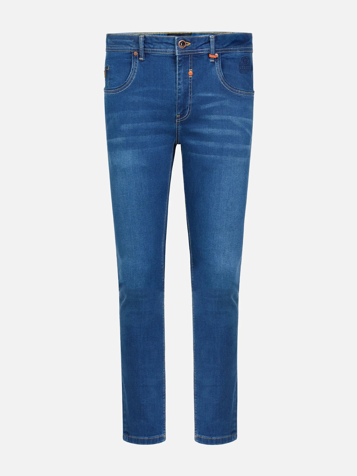 Light blue slim-fit jeans with slight fade and classic pocket design – Wam Denim.