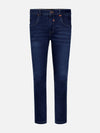 Dark Navy slim-fit denim jeans with subtle fading and classic five-pocket design – Wam Denim.