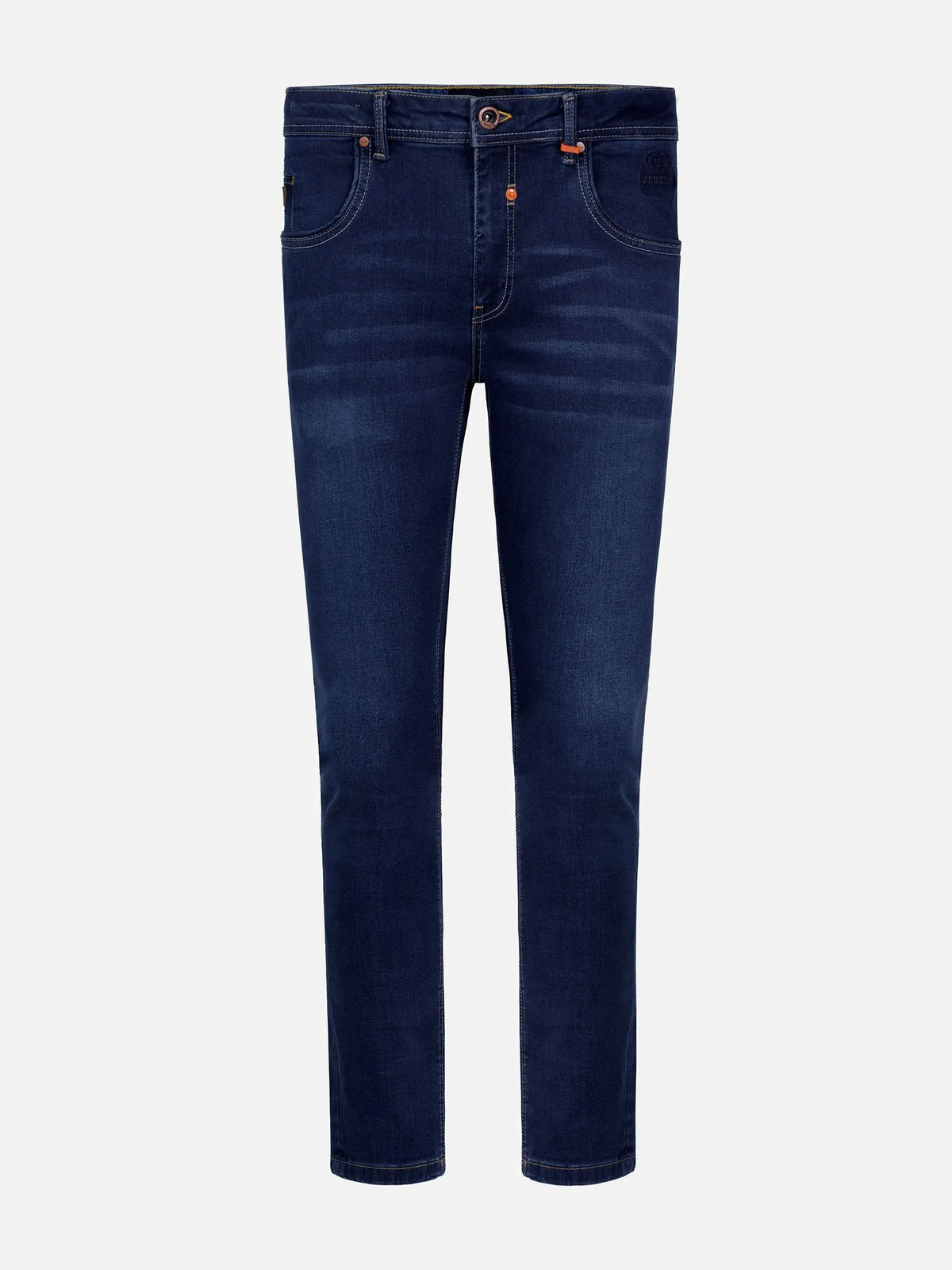 Dark Navy slim-fit denim jeans with subtle fading and classic five-pocket design – Wam Denim.