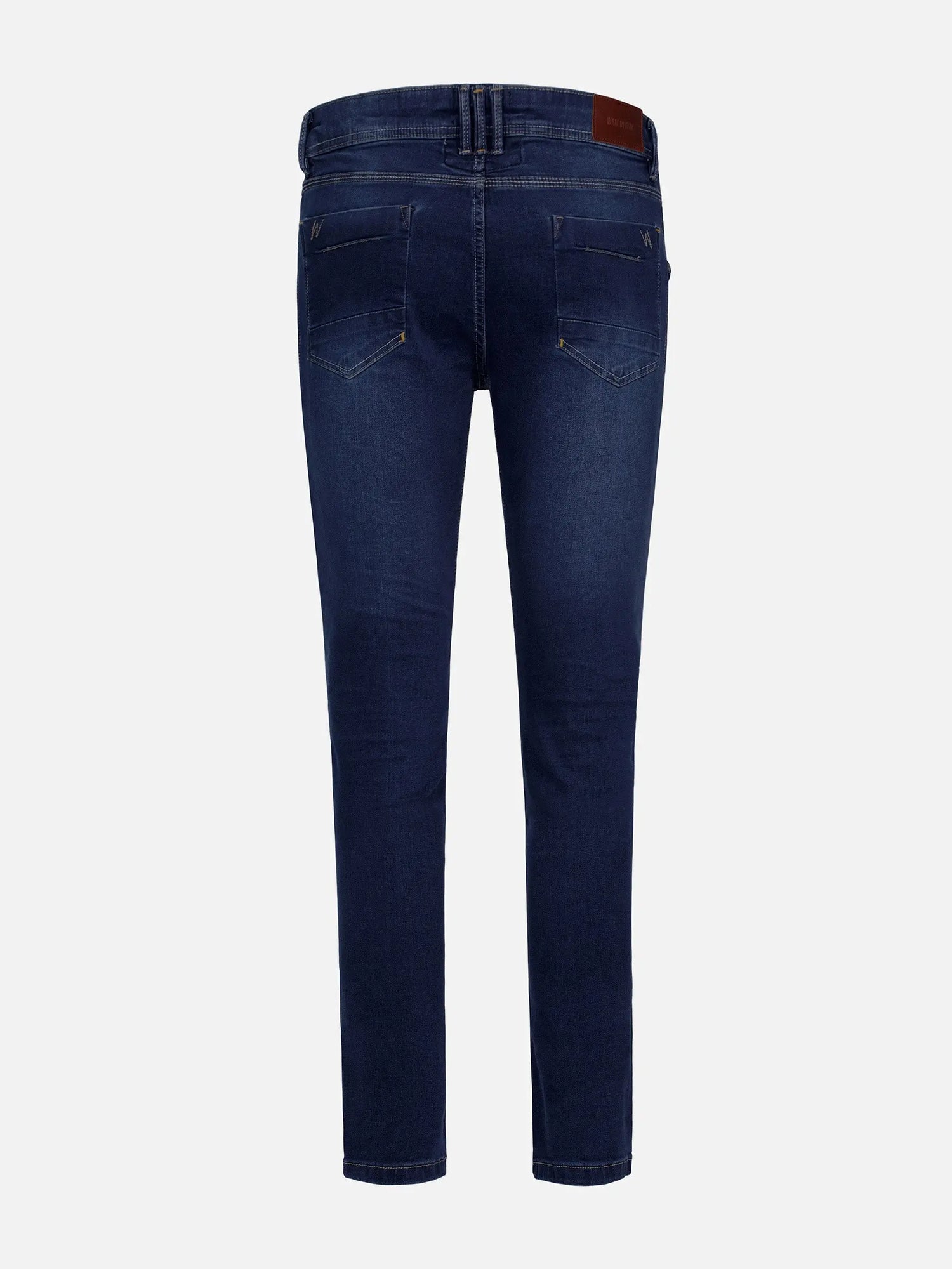 Back view of dark navy slim-fit jeans with stitched pockets and leather label – Wam Denim.
