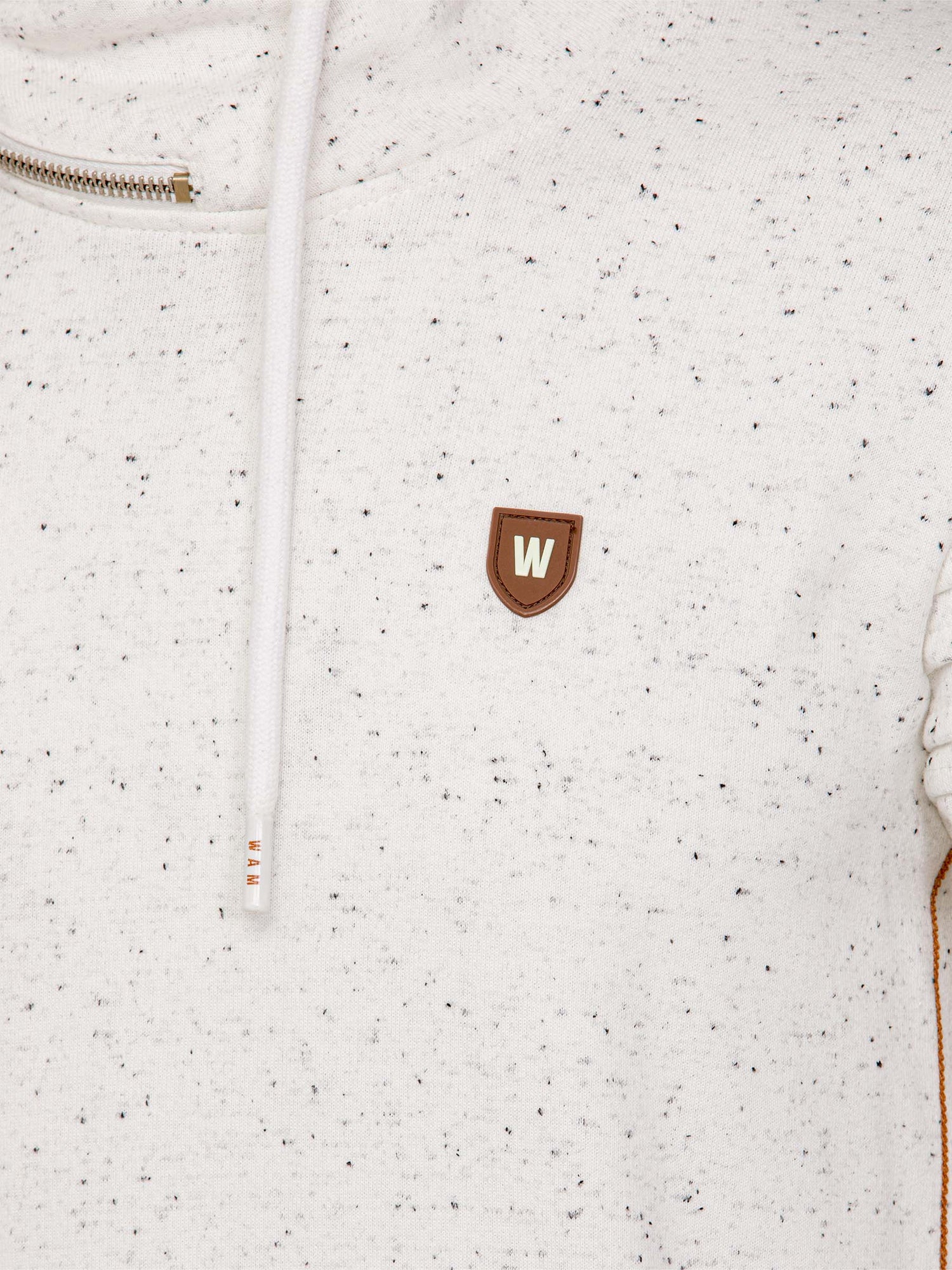 Speckled sweater with a brown logo on a white background