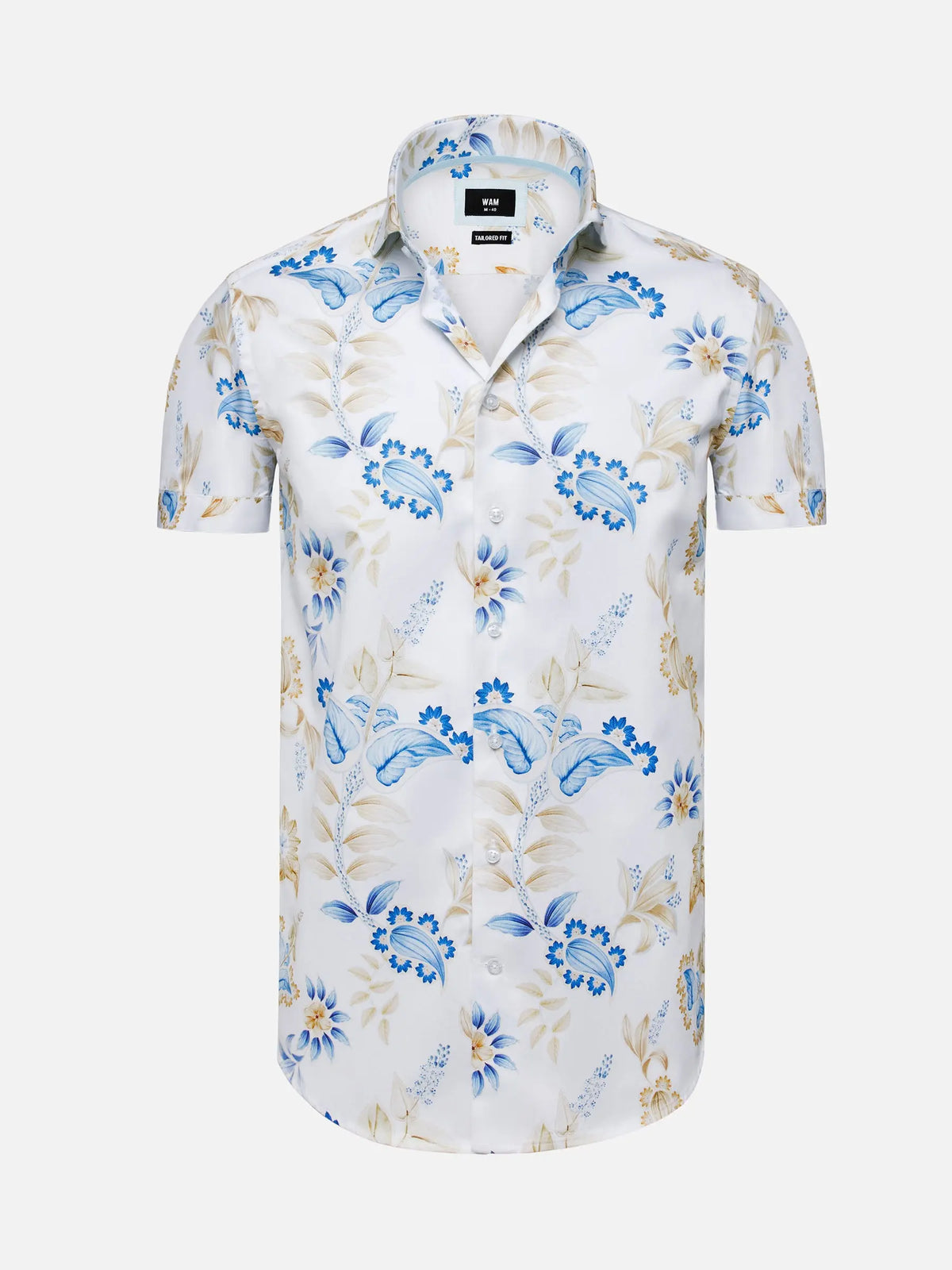 White short sleeve floral print shirt with blue and beige leaf patterns – Wam Denim.