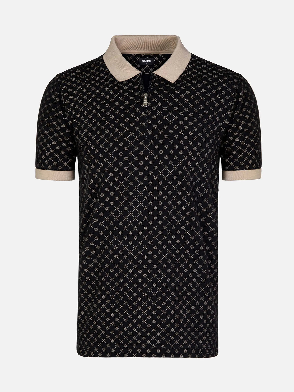 Black and beige geometric knit polo shirt with zipper collar – Wam Denim.