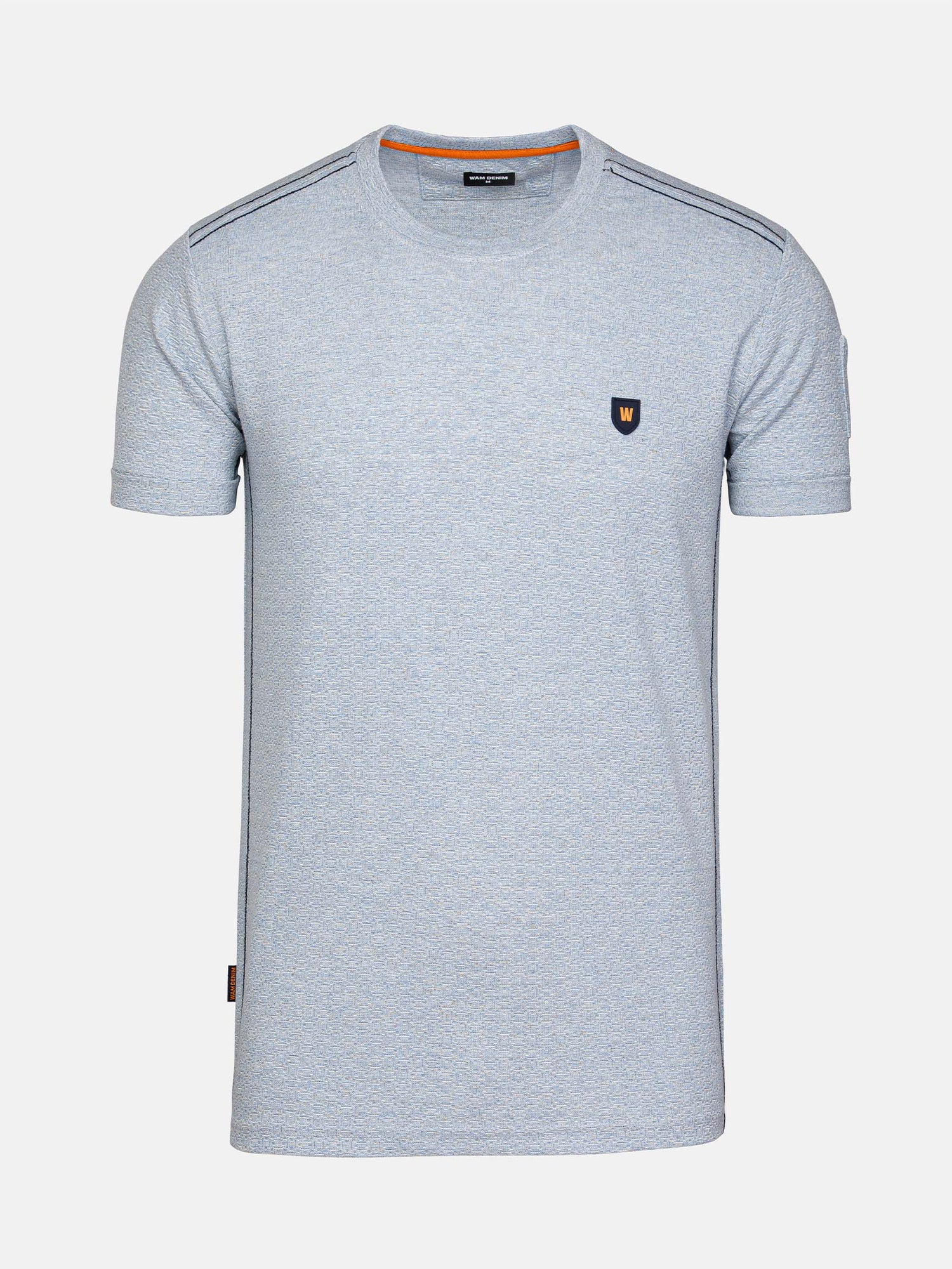 Blue men's round neck t-shirt with shield logo – Wam Denim.