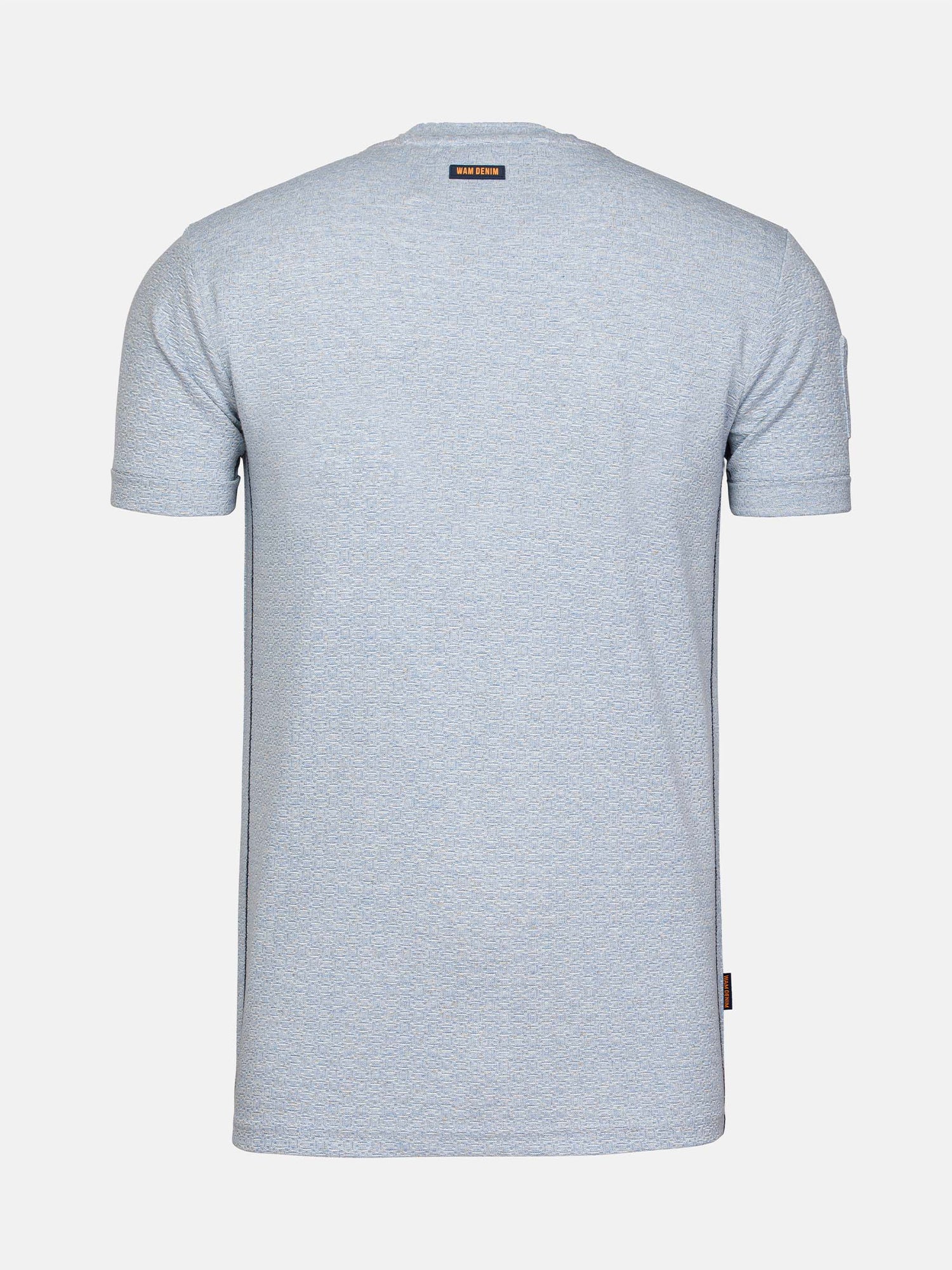Back view of a blue men's crew neck t-shirt – Wam Denim.