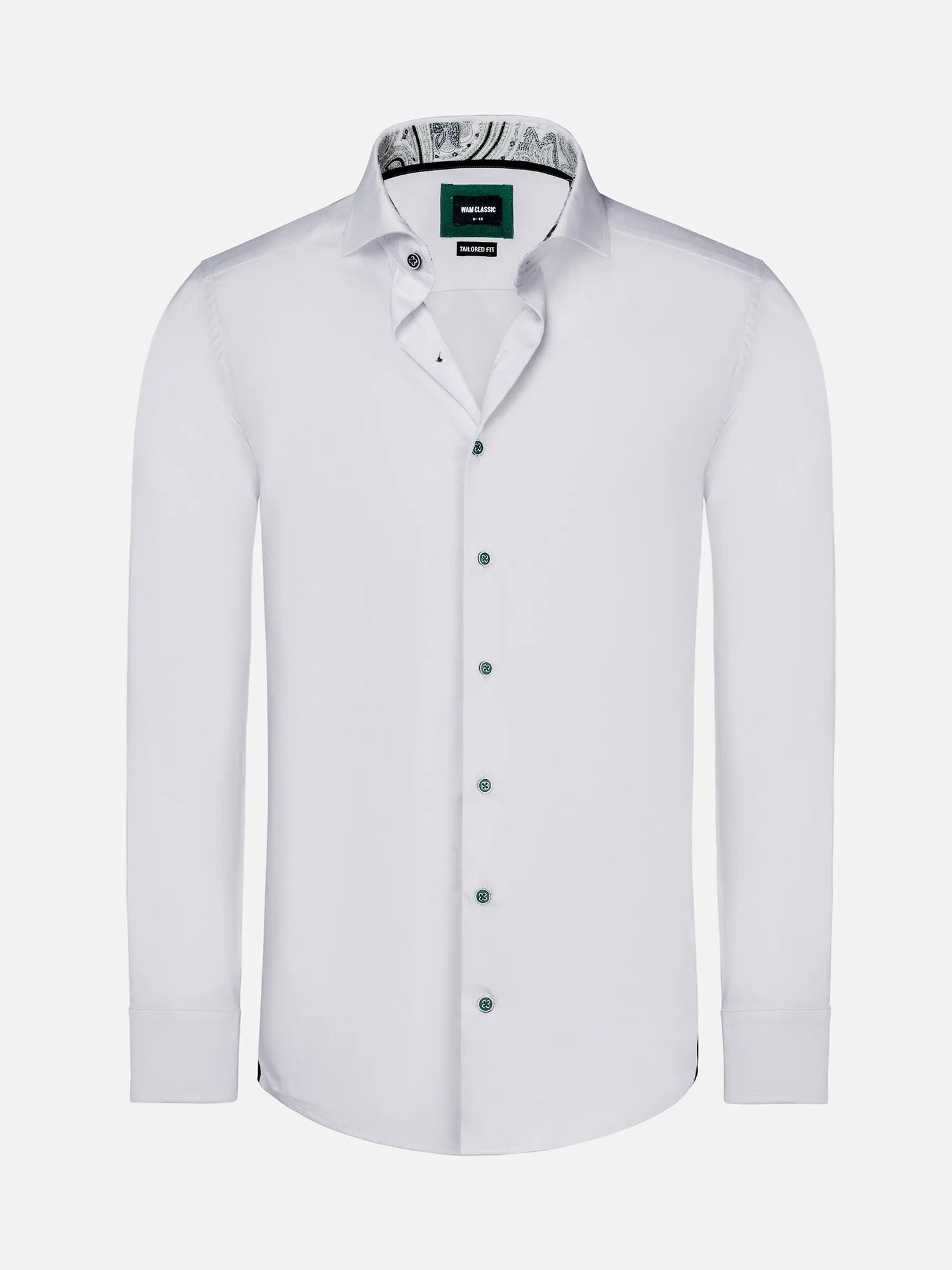 Full-length view of a white men's slim fit shirt – Wam Denim.