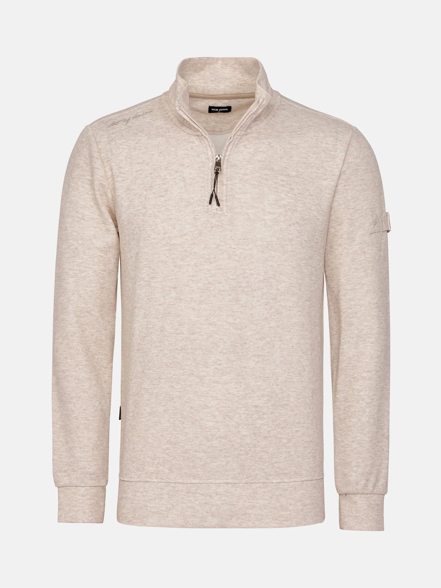 Beige half-zip sweatshirt on a white background