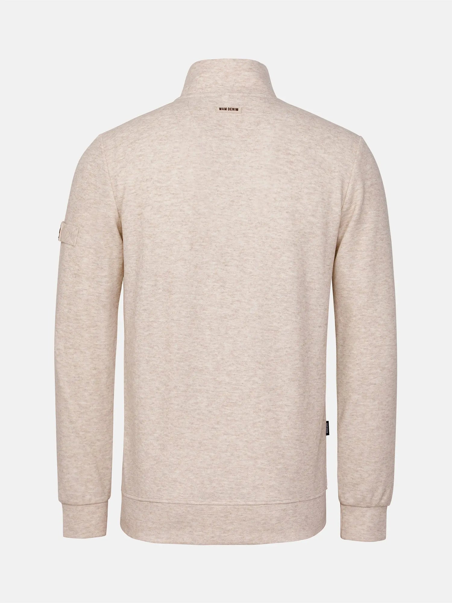 Beige sweater with a brand logo on a white background