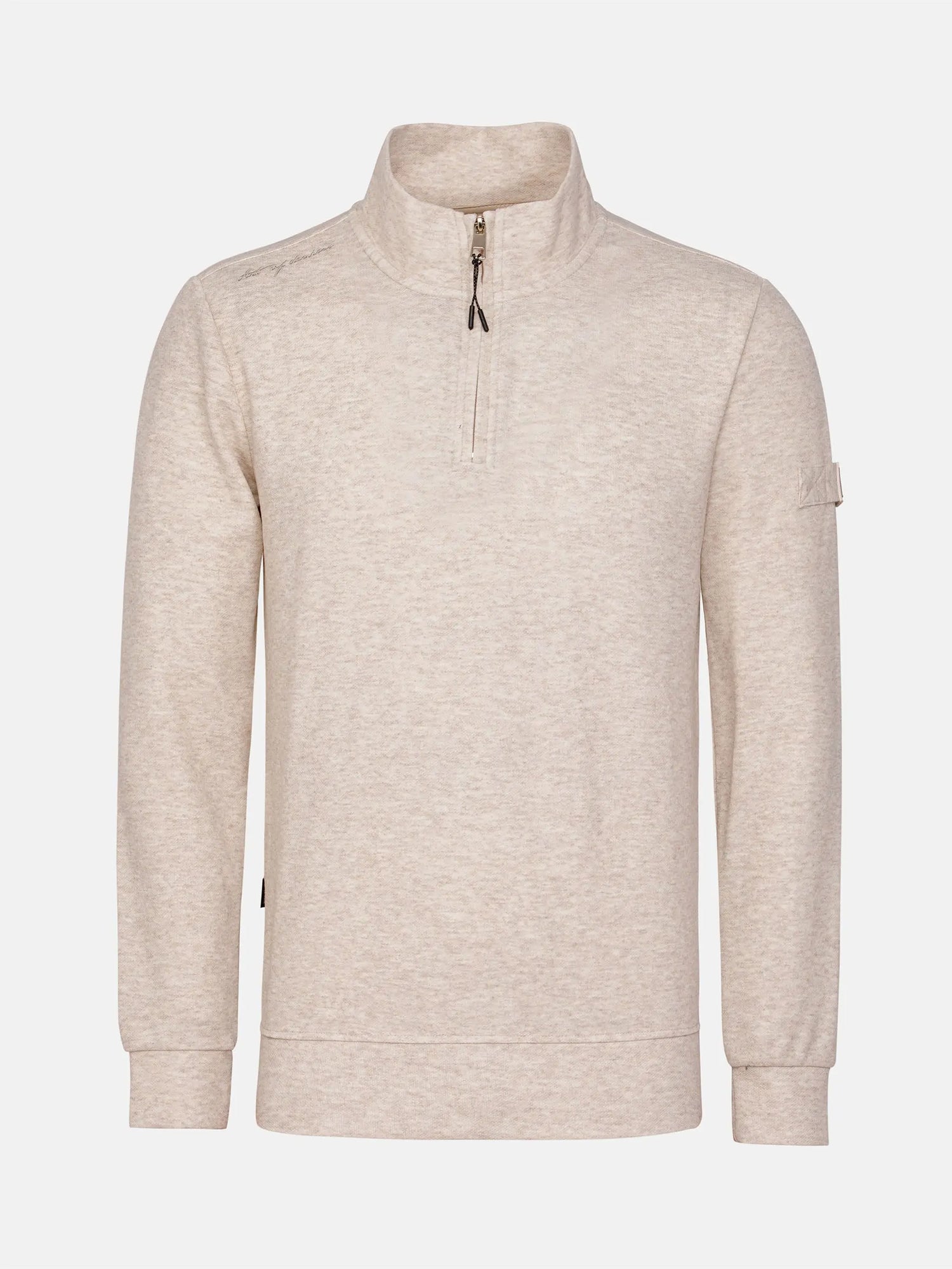 Beige half-zip sweatshirt on a white background