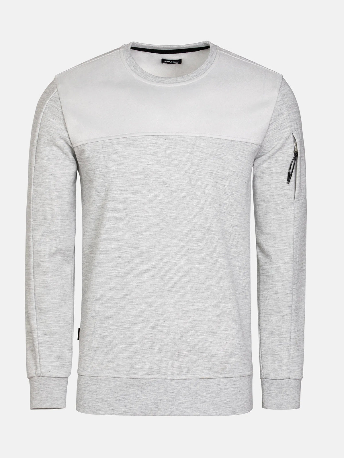 Light grey crew neck sweatshirt with zipper sleeve detail and ribbed cuffs – Wam Denim.