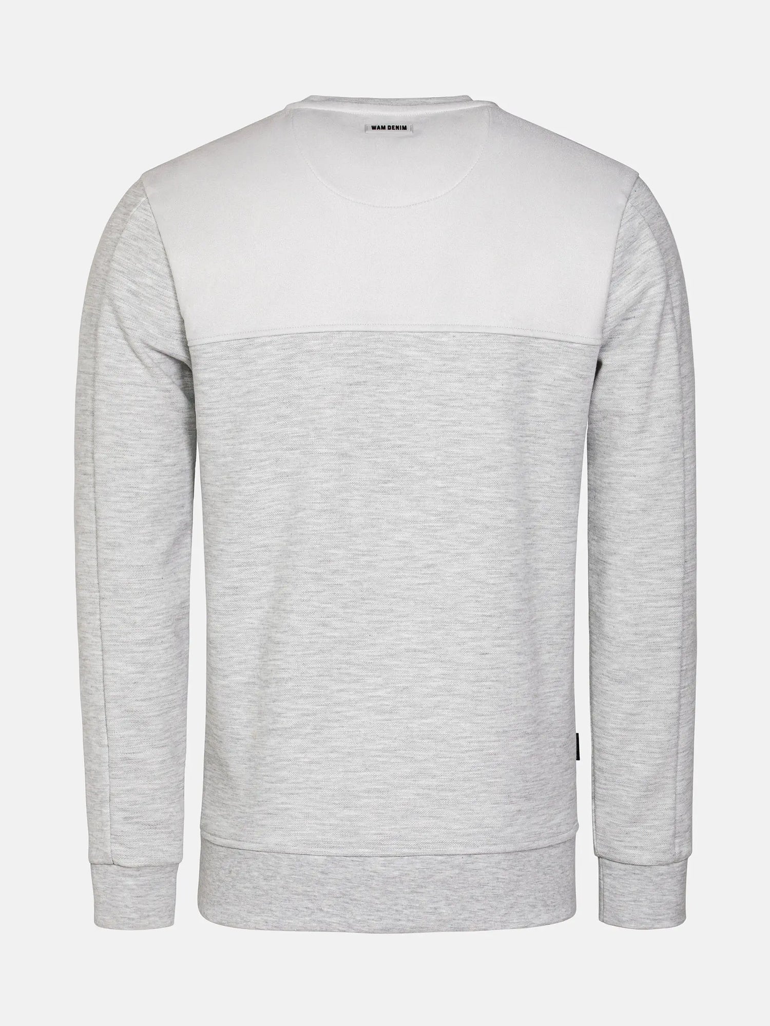 Back view of light grey crew neck sweatshirt with ribbed cuffs and hem – Wam Denim.