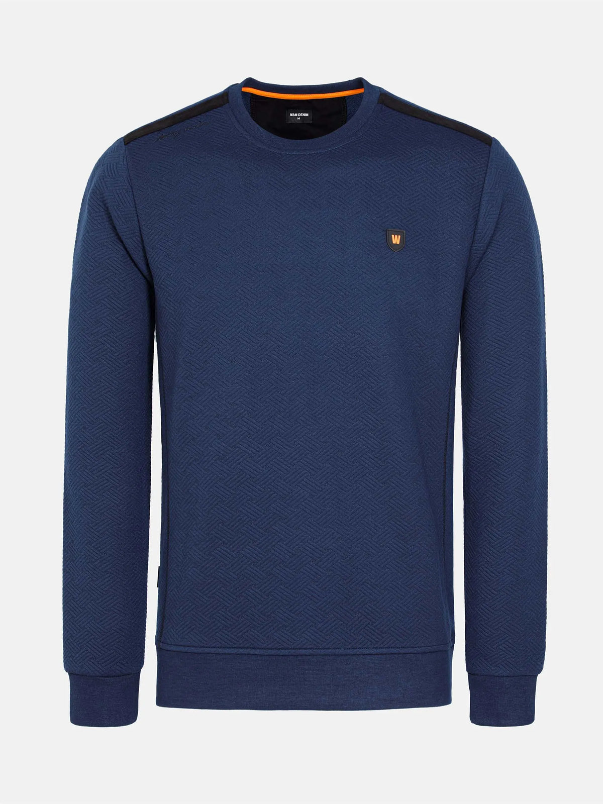 Stylish navy Moorland Sweater with logo and texture. – Wam Denim.