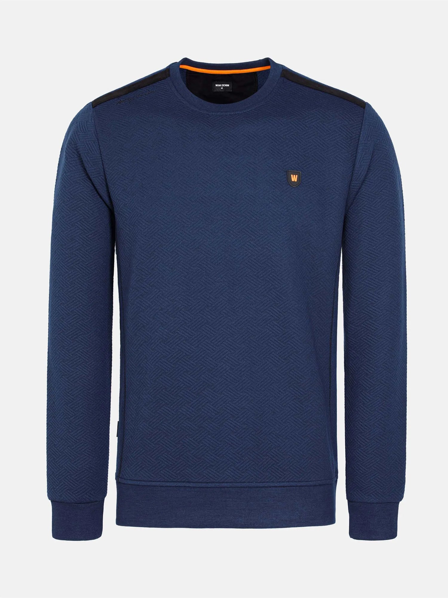 Stylish navy Moorland Sweater with logo and texture. – Wam Denim.