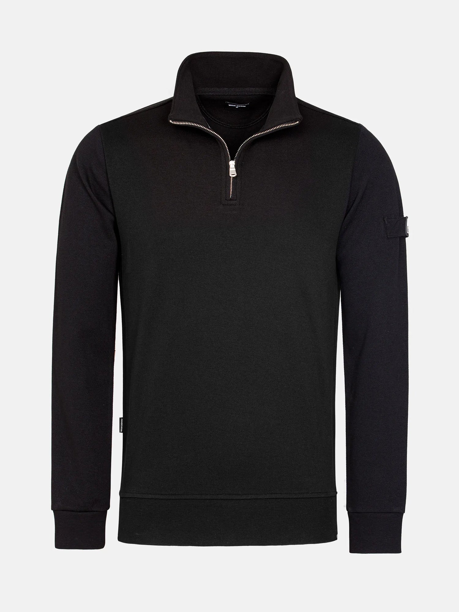 Black quarter-zip sweater with high collar and ribbed hem, minimalist casual design – Wam Denim.