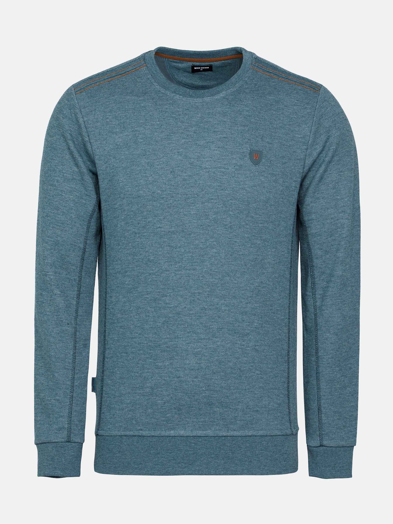 Men’s rustic petrol crew neck sweater with textured knit and chest logo – Wam Denim.