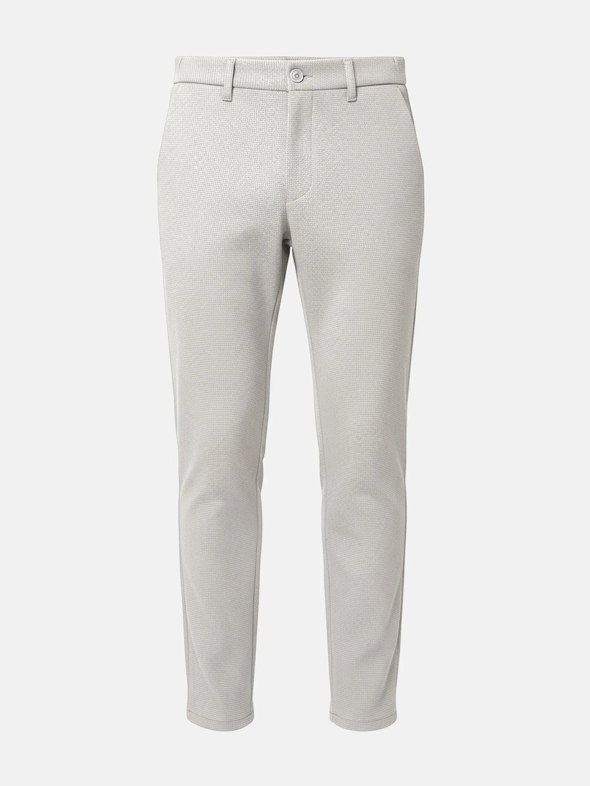 Light grey men’s pantalon with slim-fit cut and subtle textured fabric.