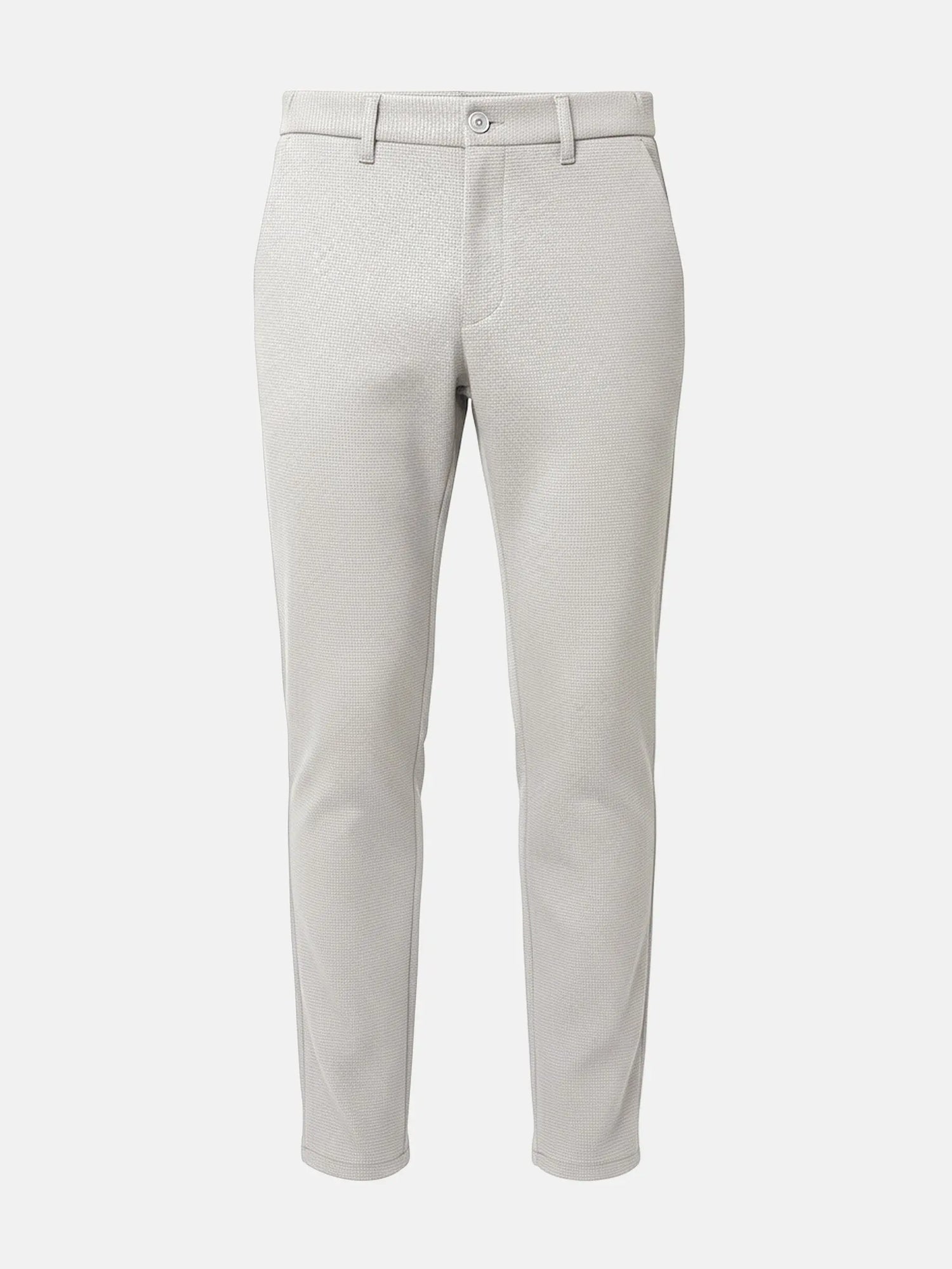 Light grey men’s pantalon with slim-fit cut and subtle textured fabric.