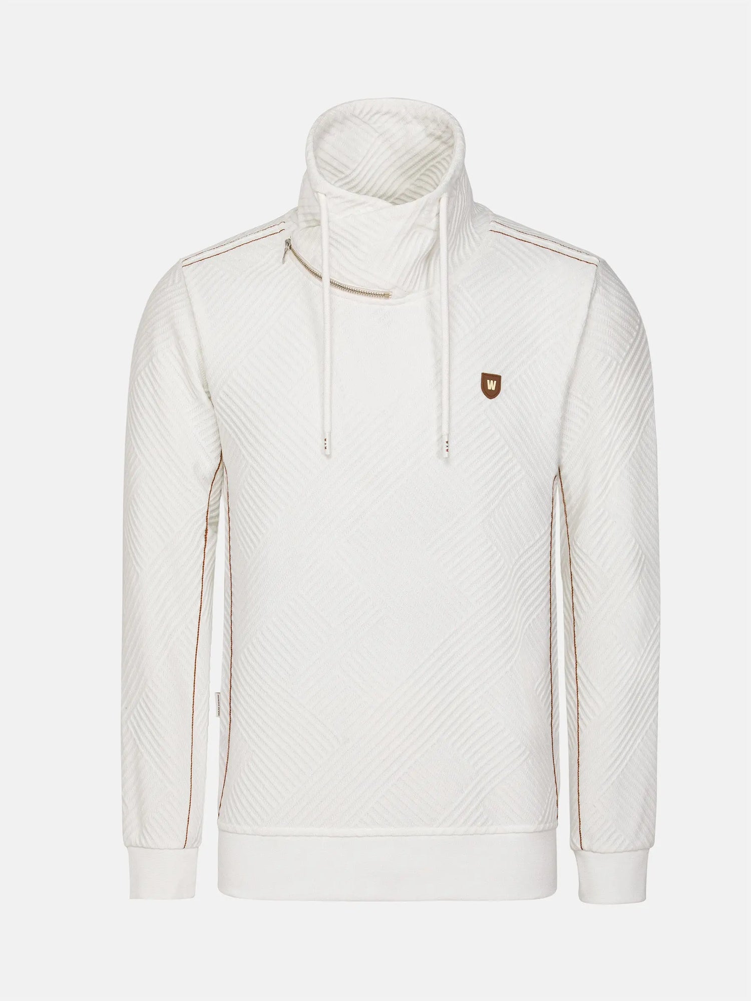 White textured turtleneck sweatshirt with drawstrings and chest logo detail – Wam Denim.