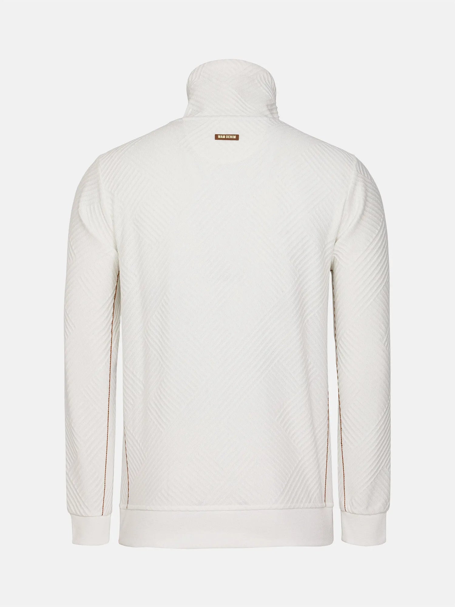 Back view of white textured turtleneck sweatshirt with ribbed hem and cuffs – Wam Denim.